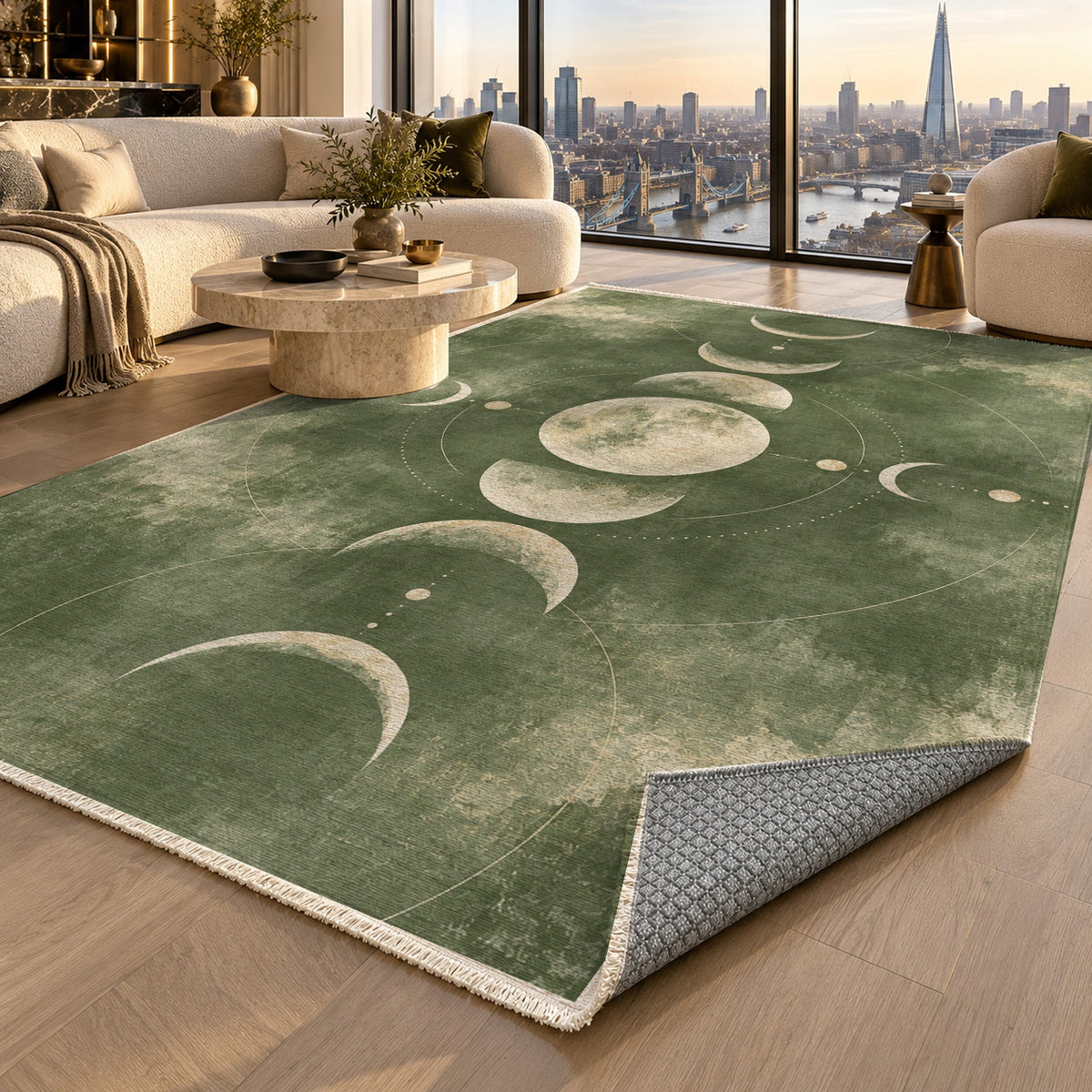 Moon Phases Sage Abstract Washable Rug — london luxury living
