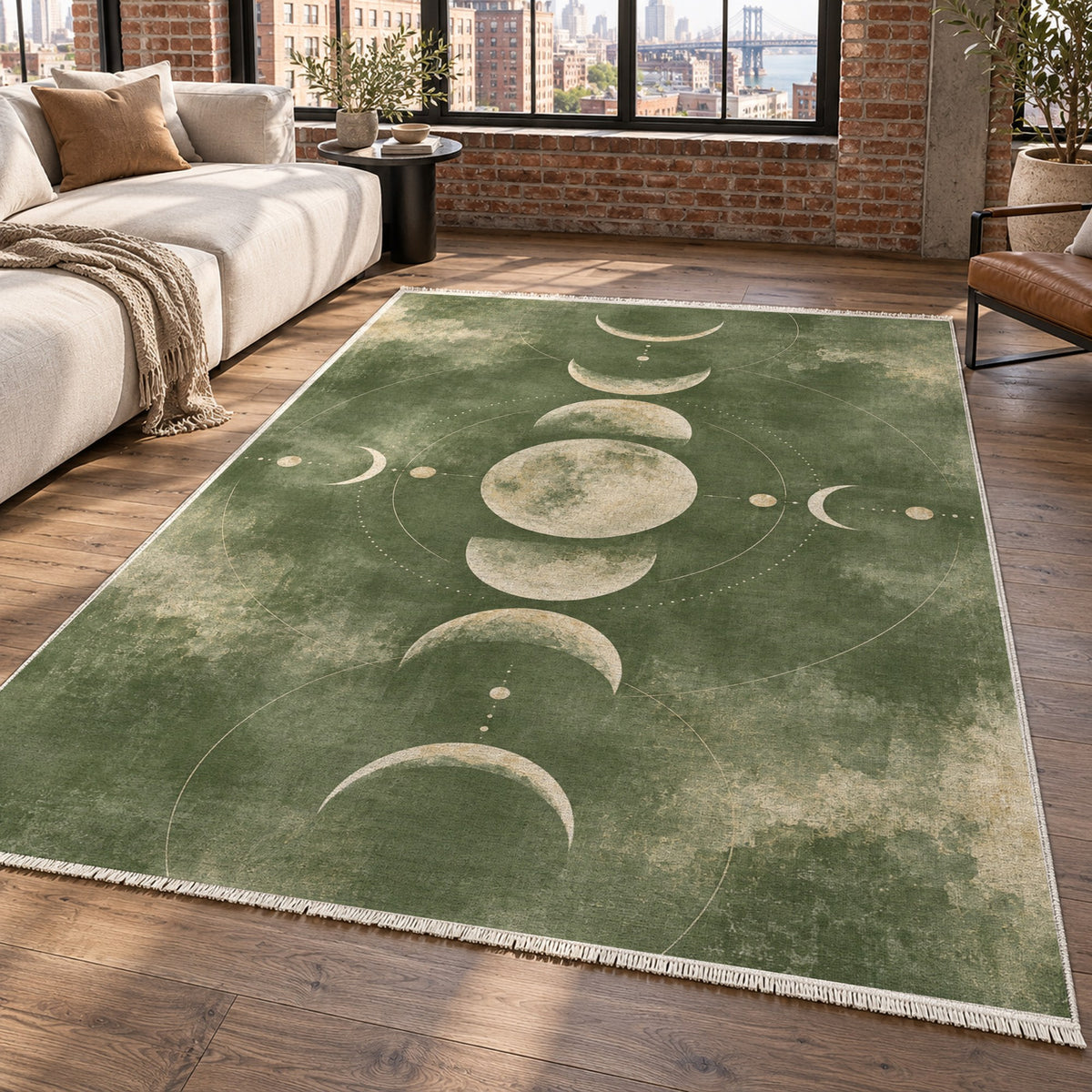 Moon Phases Sage Abstract Washable Rug — new york living