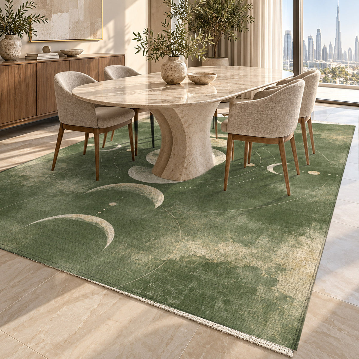 Moon Phases Sage Abstract Washable Rug — dubai dining