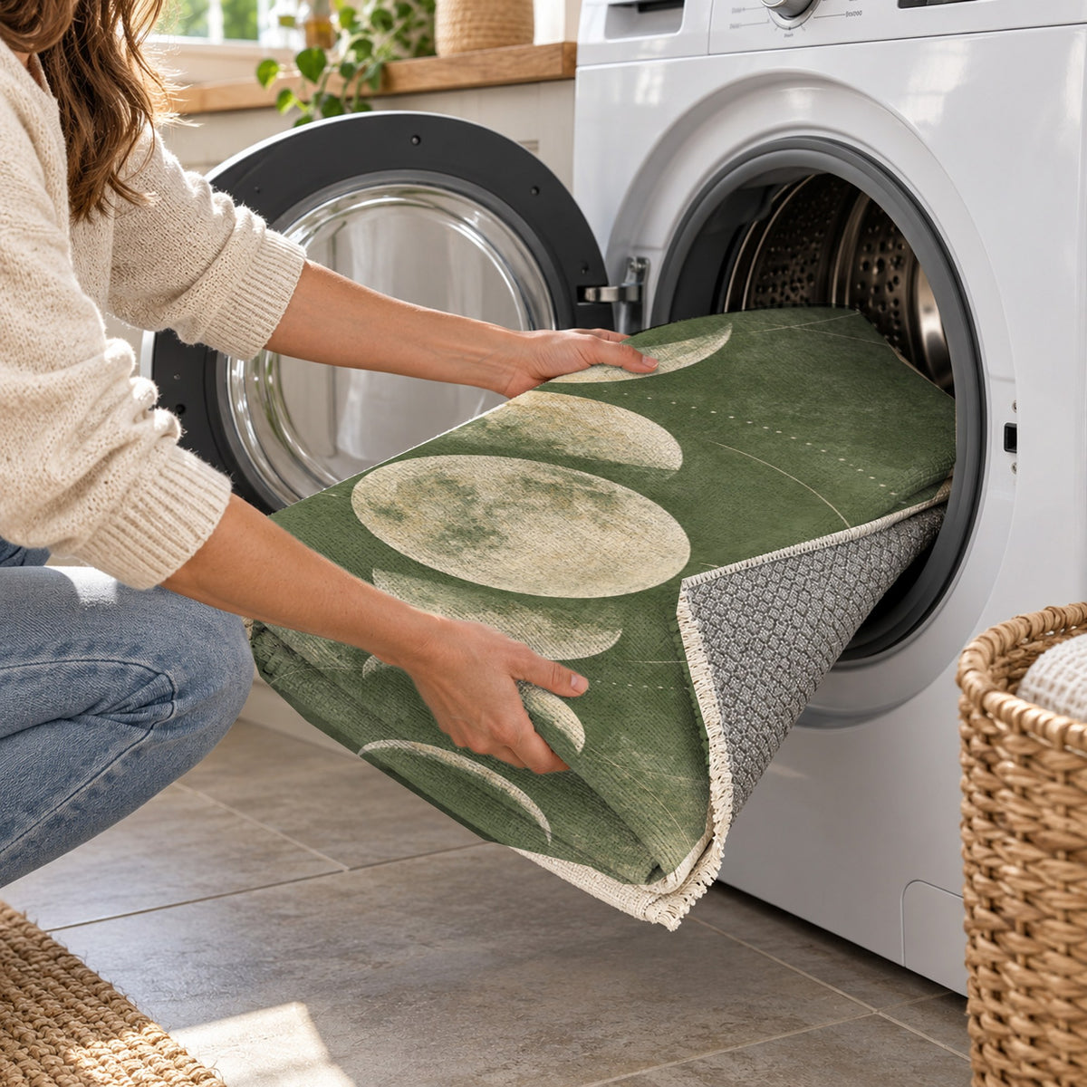 Moon Phases Sage Abstract Washable Rug — washing machine