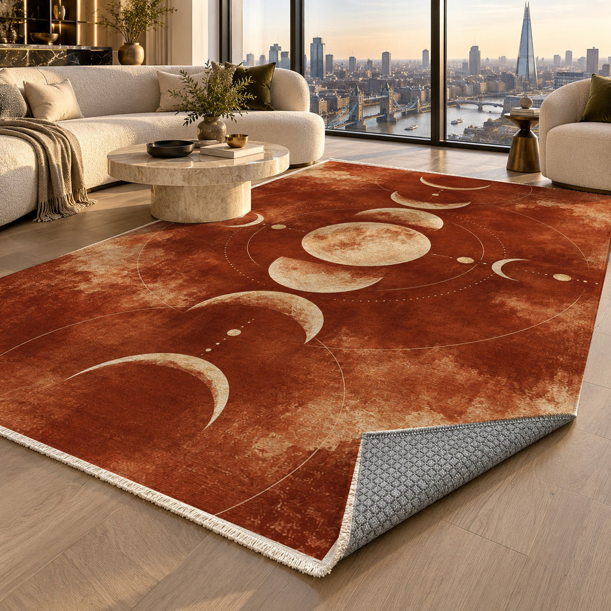 Moon Phases Terracotta Abstract Washable Rug — london luxury living