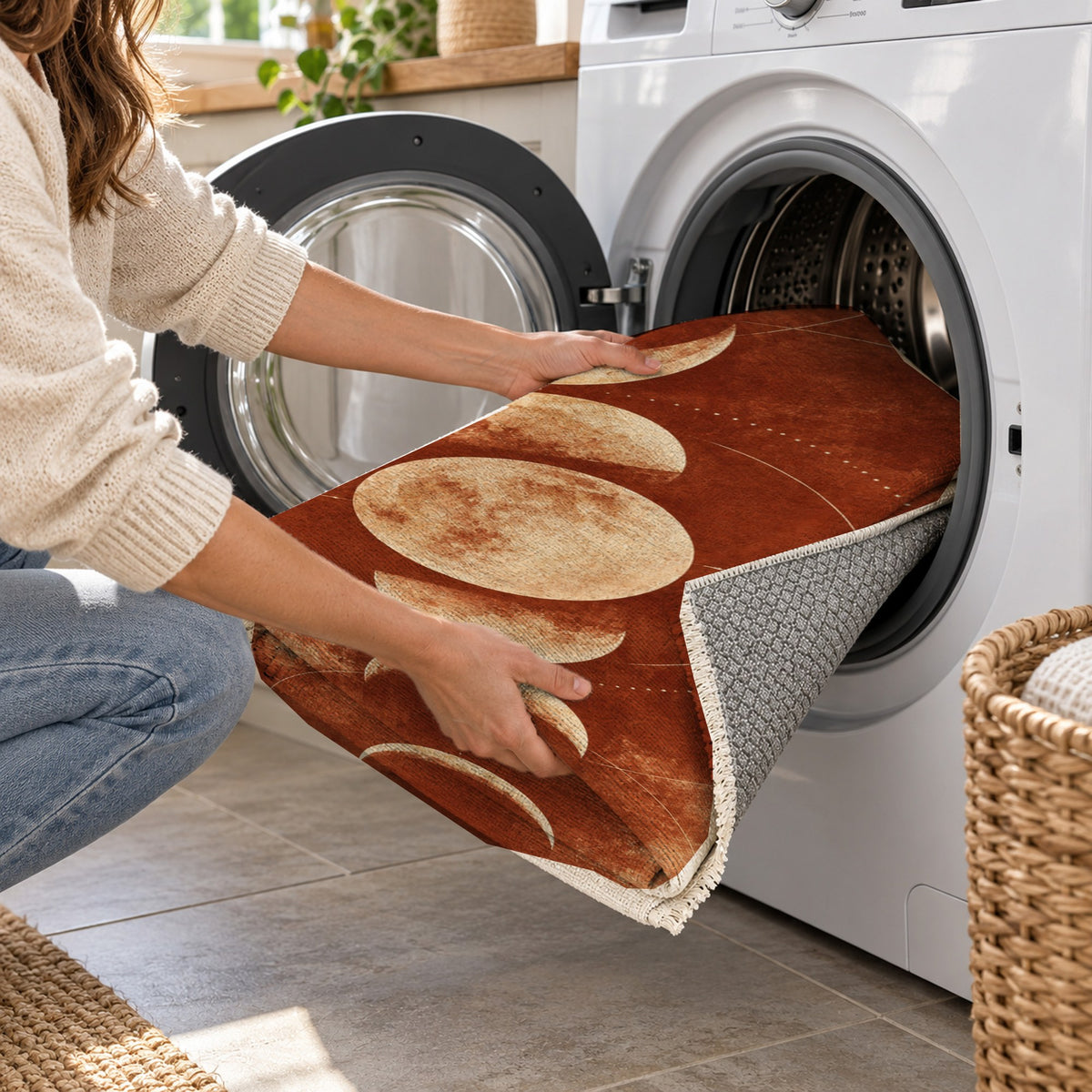 Moon Phases Terracotta Abstract Washable Rug — washing machine