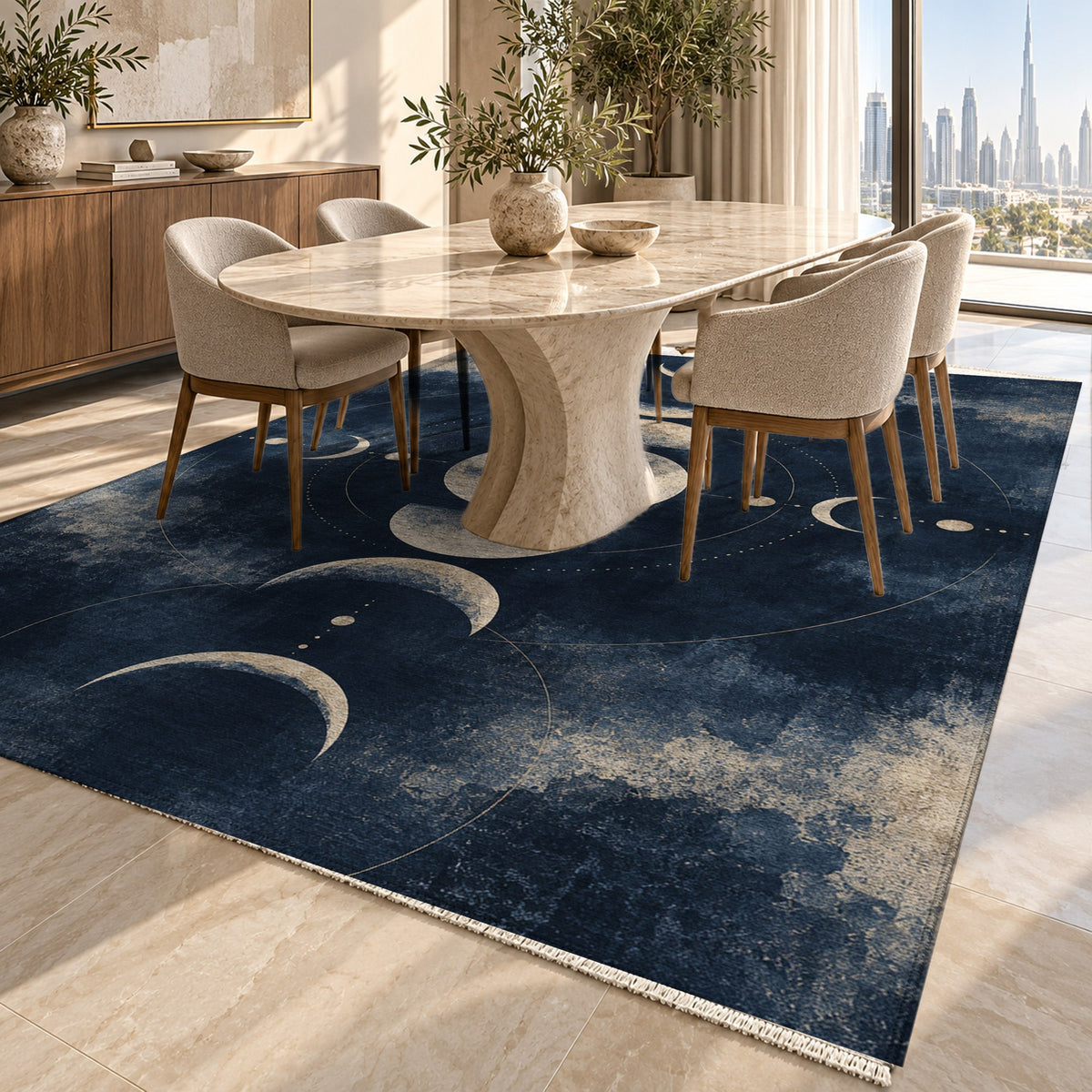 Moon Phases Abstract Washable Rug — dubai dining