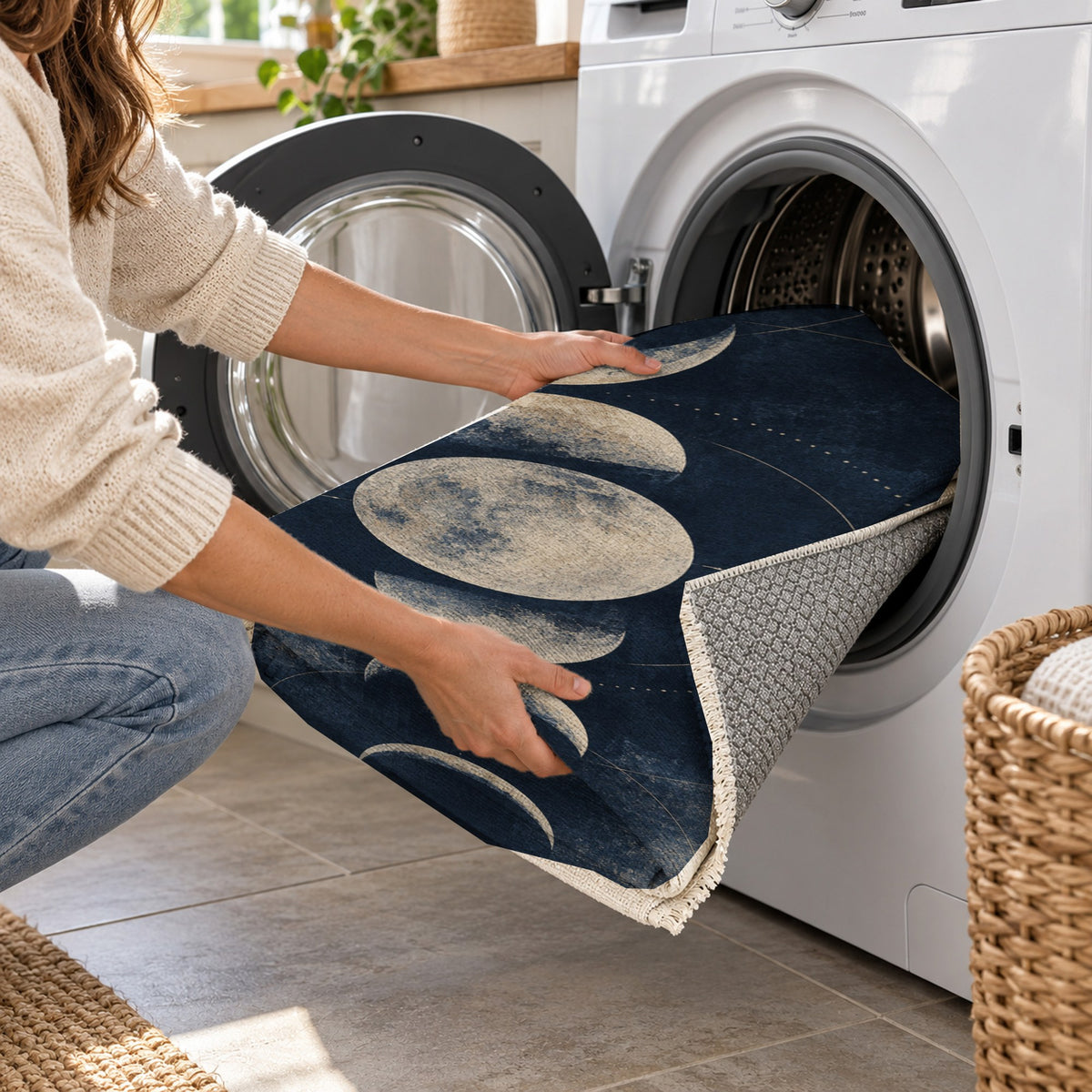 Moon Phases Abstract Washable Rug — washing machine