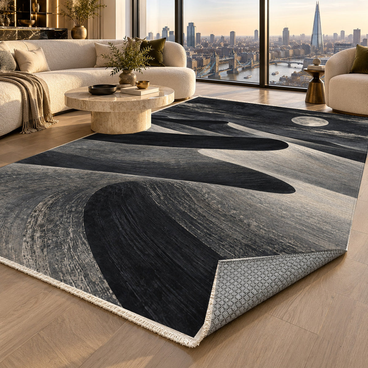 Moonlit Sands Charcoal Modern Washable Rug — london luxury living