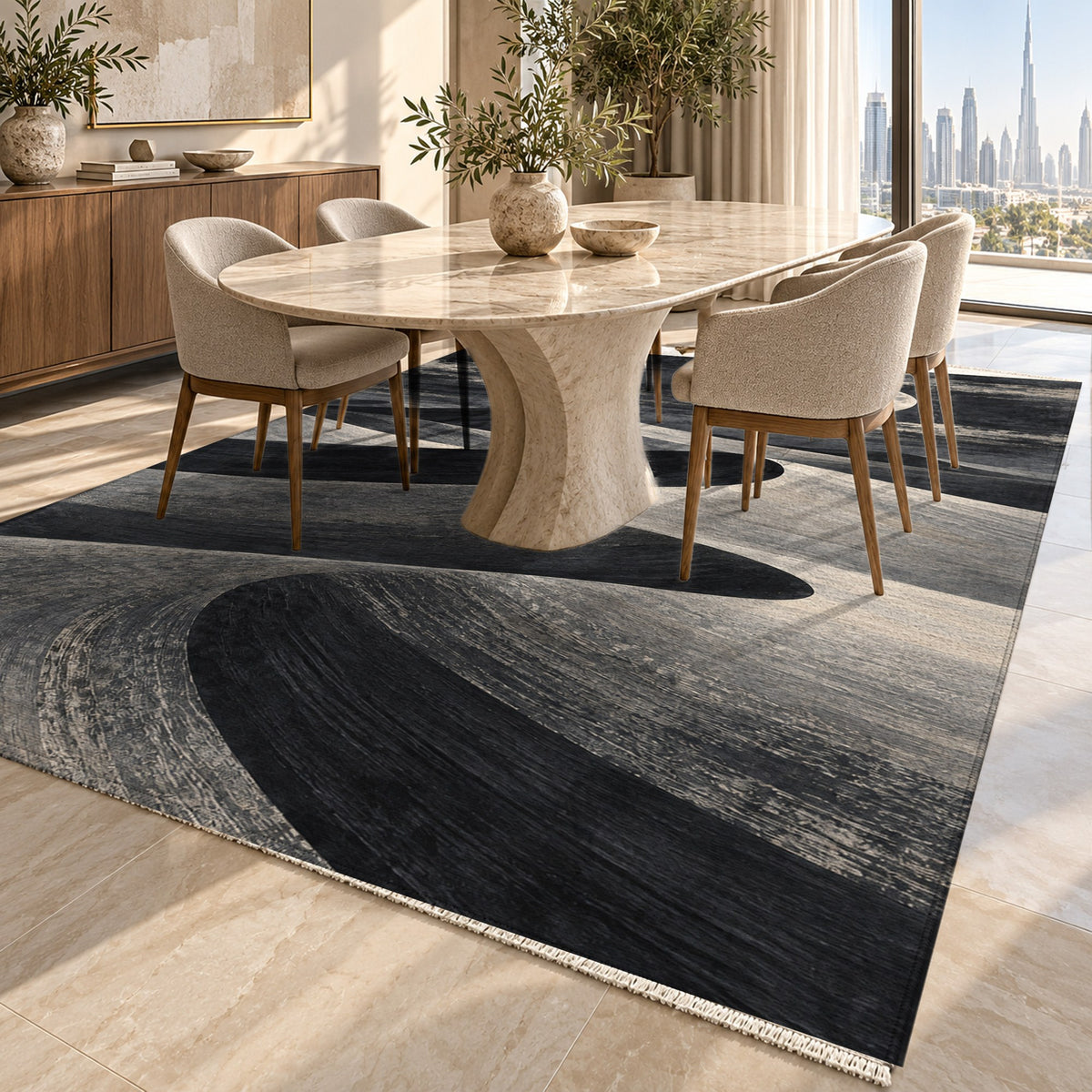 Moonlit Sands Charcoal Modern Washable Rug — dubai dining