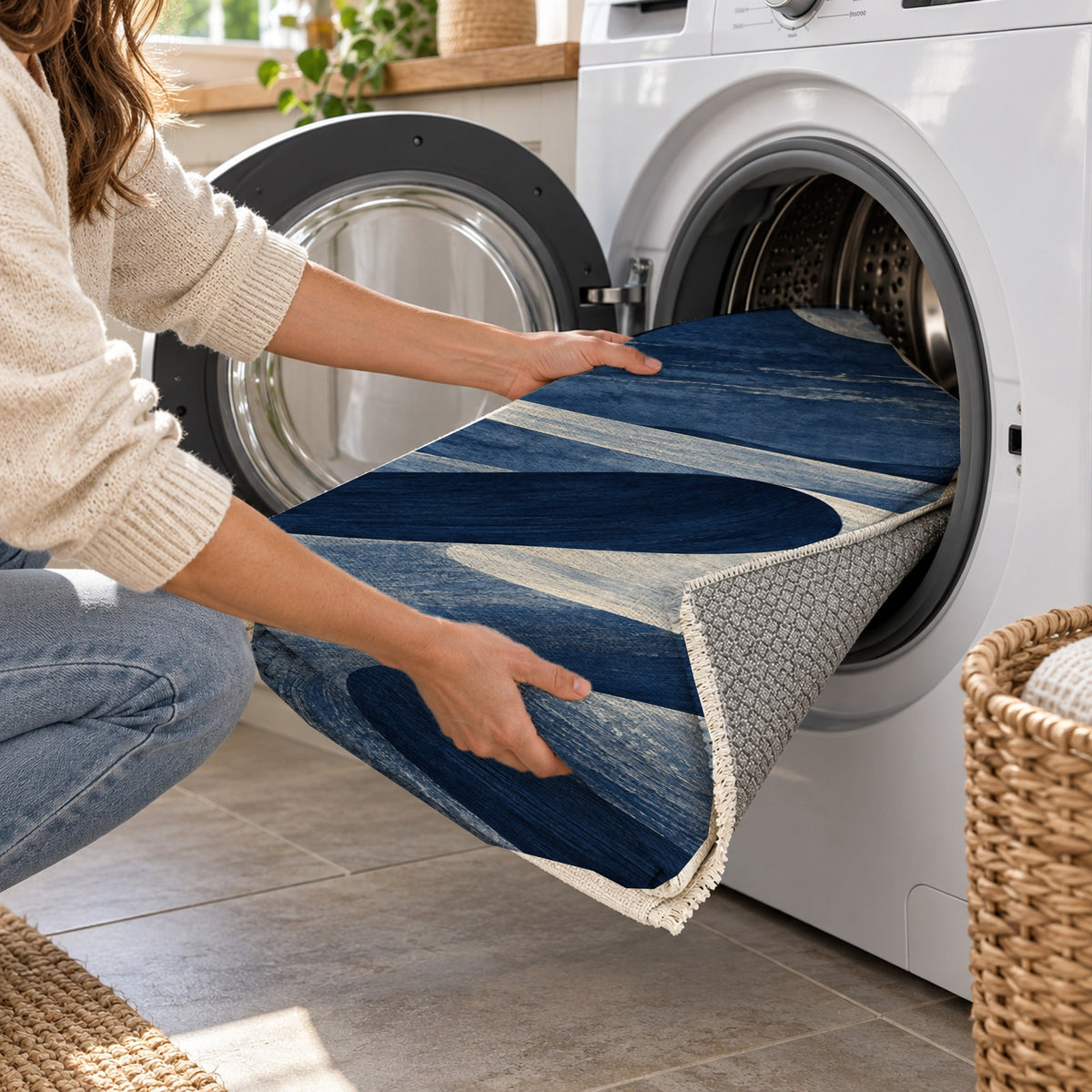 Moonlit Sands Indigo Modern Washable Rug — washing machine