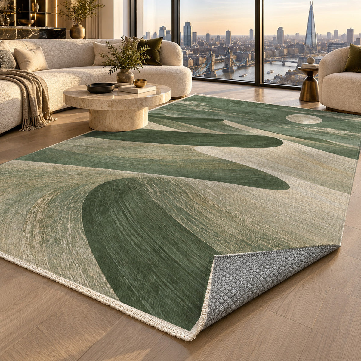 Moonlit Sands Sage Modern Washable Rug — london luxury living
