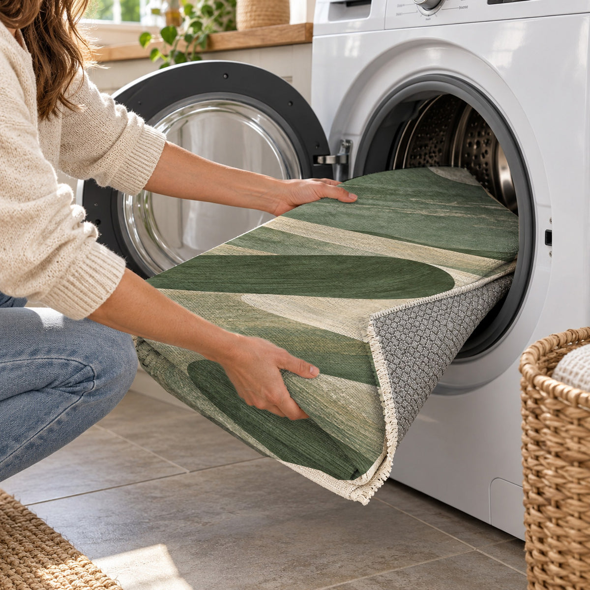 Moonlit Sands Sage Modern Washable Rug — washing machine