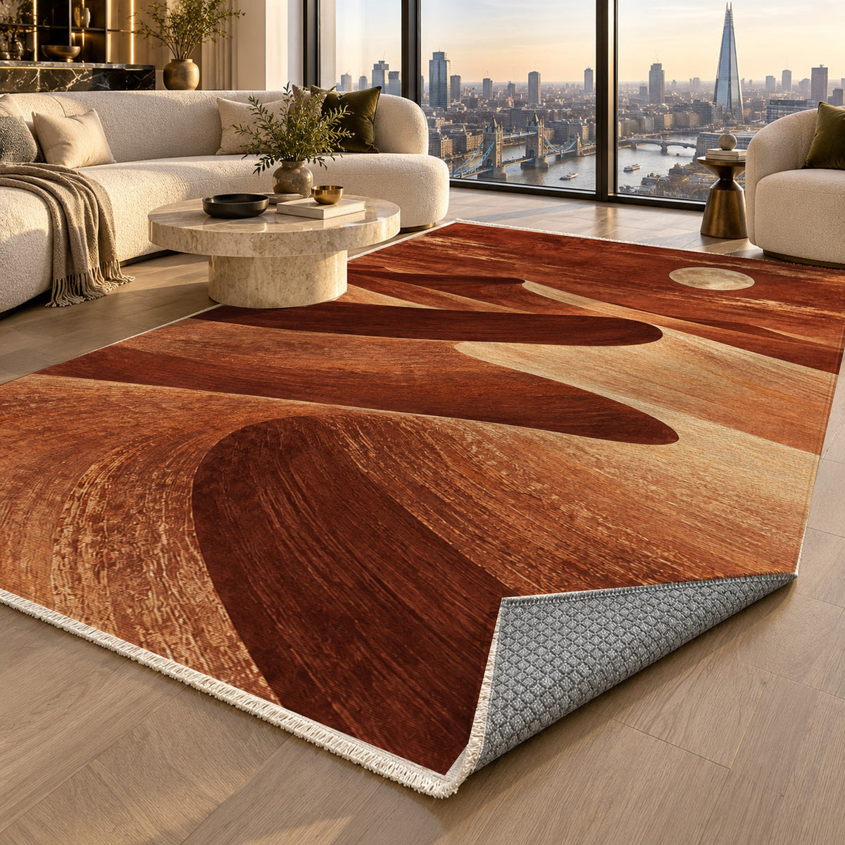 Moonlit Sands Terracotta Modern Washable Rug — london luxury living