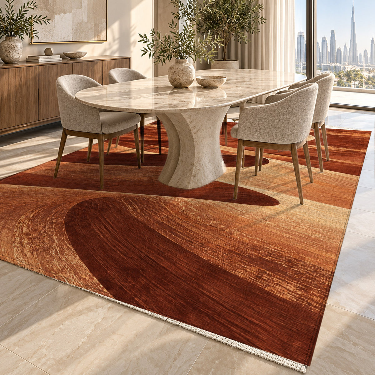 Moonlit Sands Terracotta Modern Washable Rug — dubai dining
