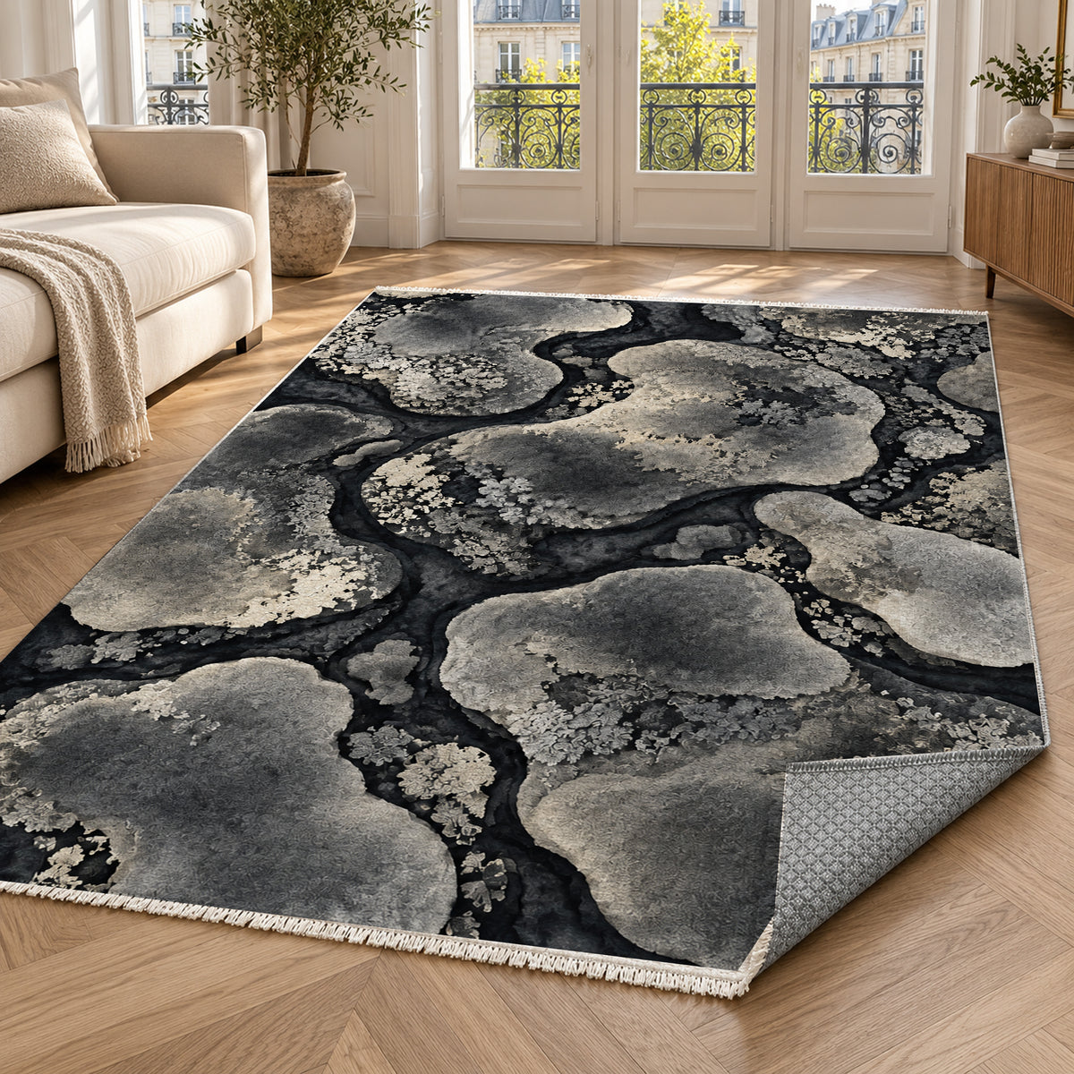 Moss Islands Charcoal Floral Washable Rug — paris living