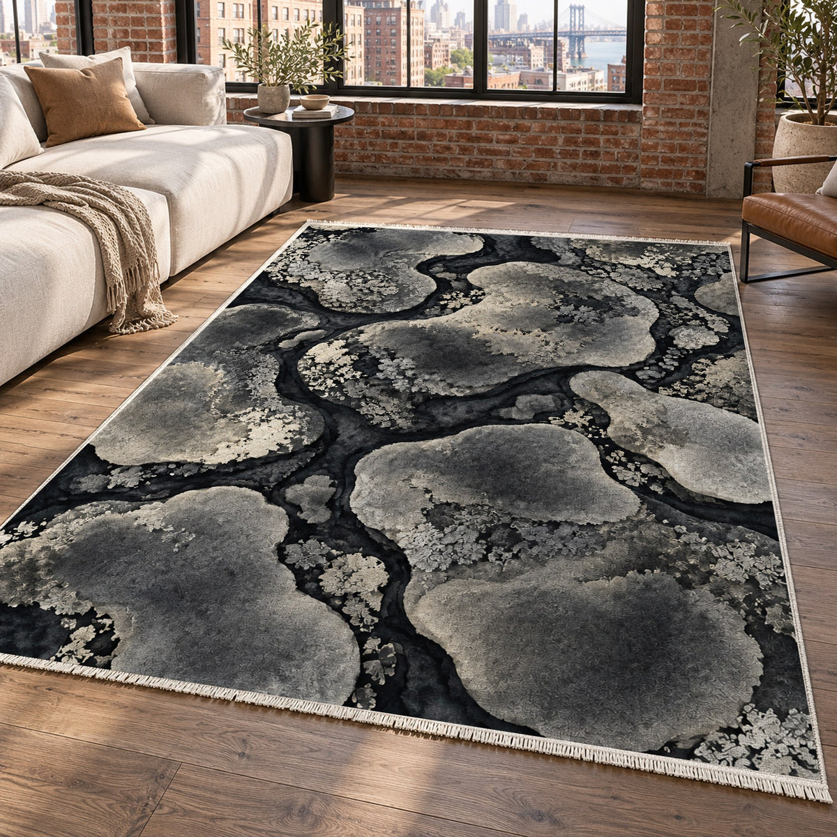 Moss Islands Charcoal Floral Washable Rug — new york living