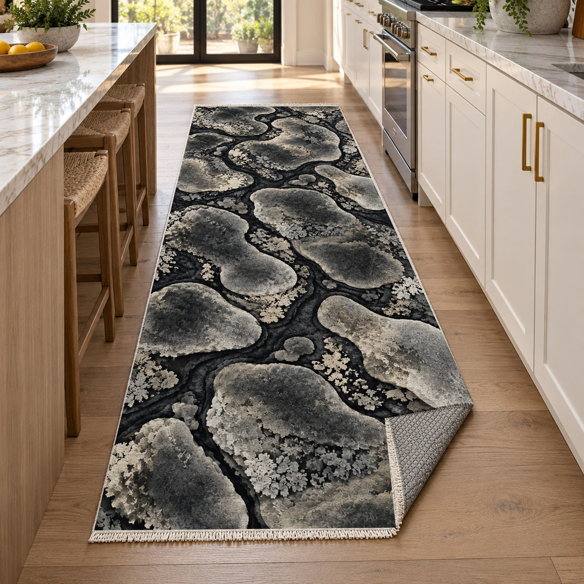 Moss Islands Charcoal Floral Washable Rug — new york kitchen runner