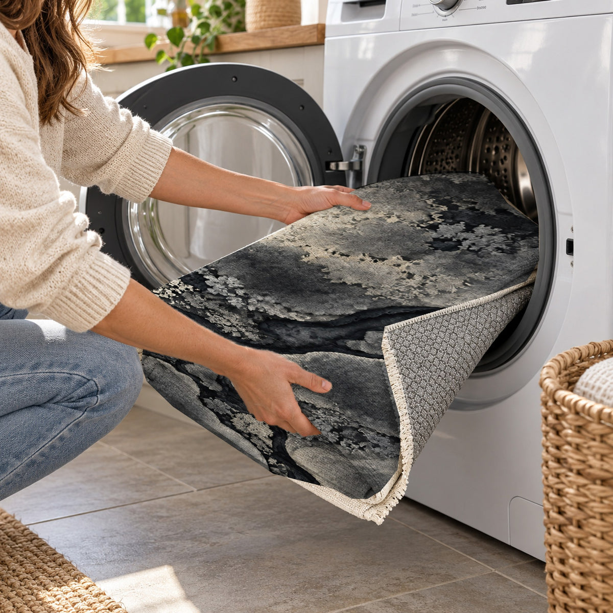 Moss Islands Charcoal Floral Washable Rug — washing machine