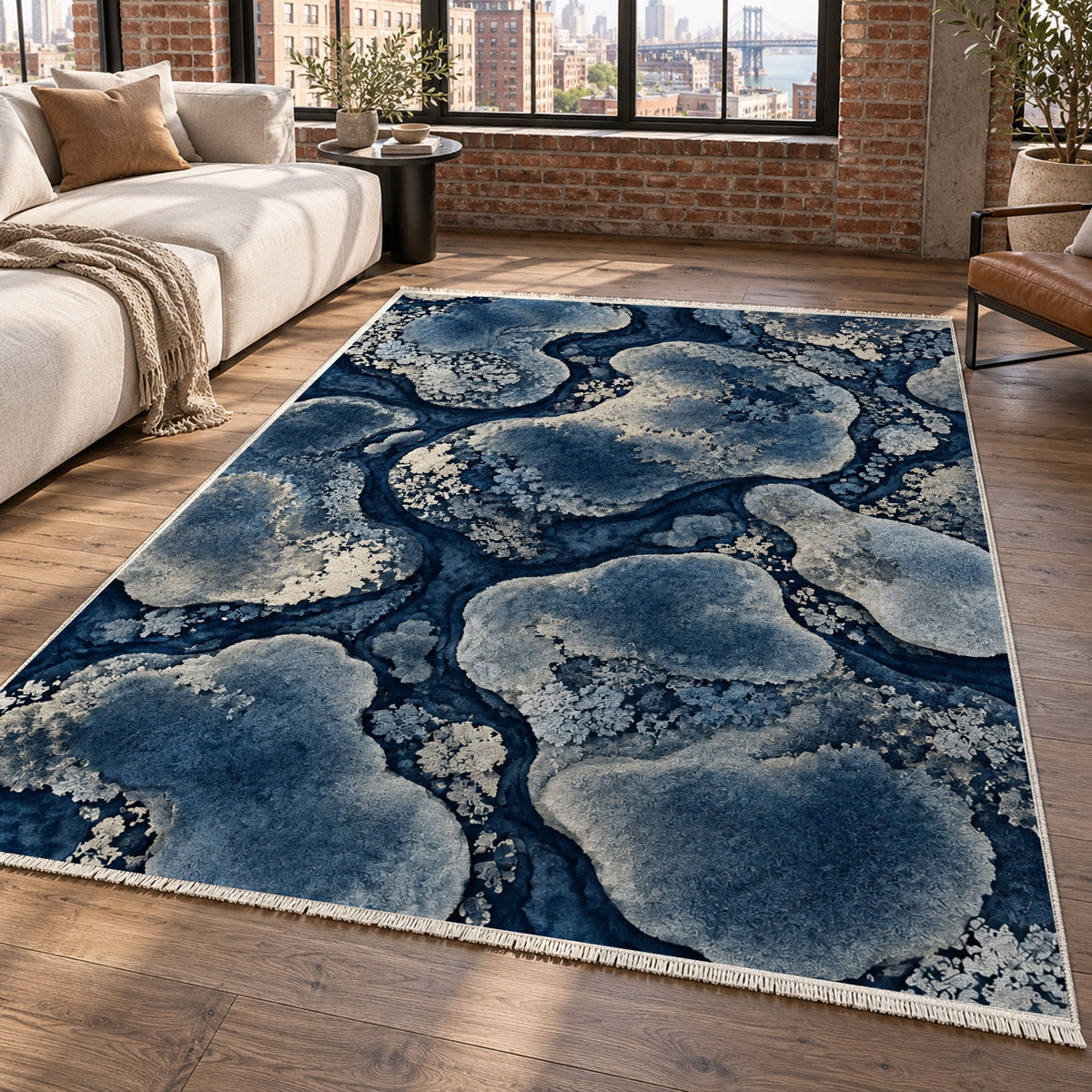 Moss Islands Indigo Floral Washable Rug — new york living