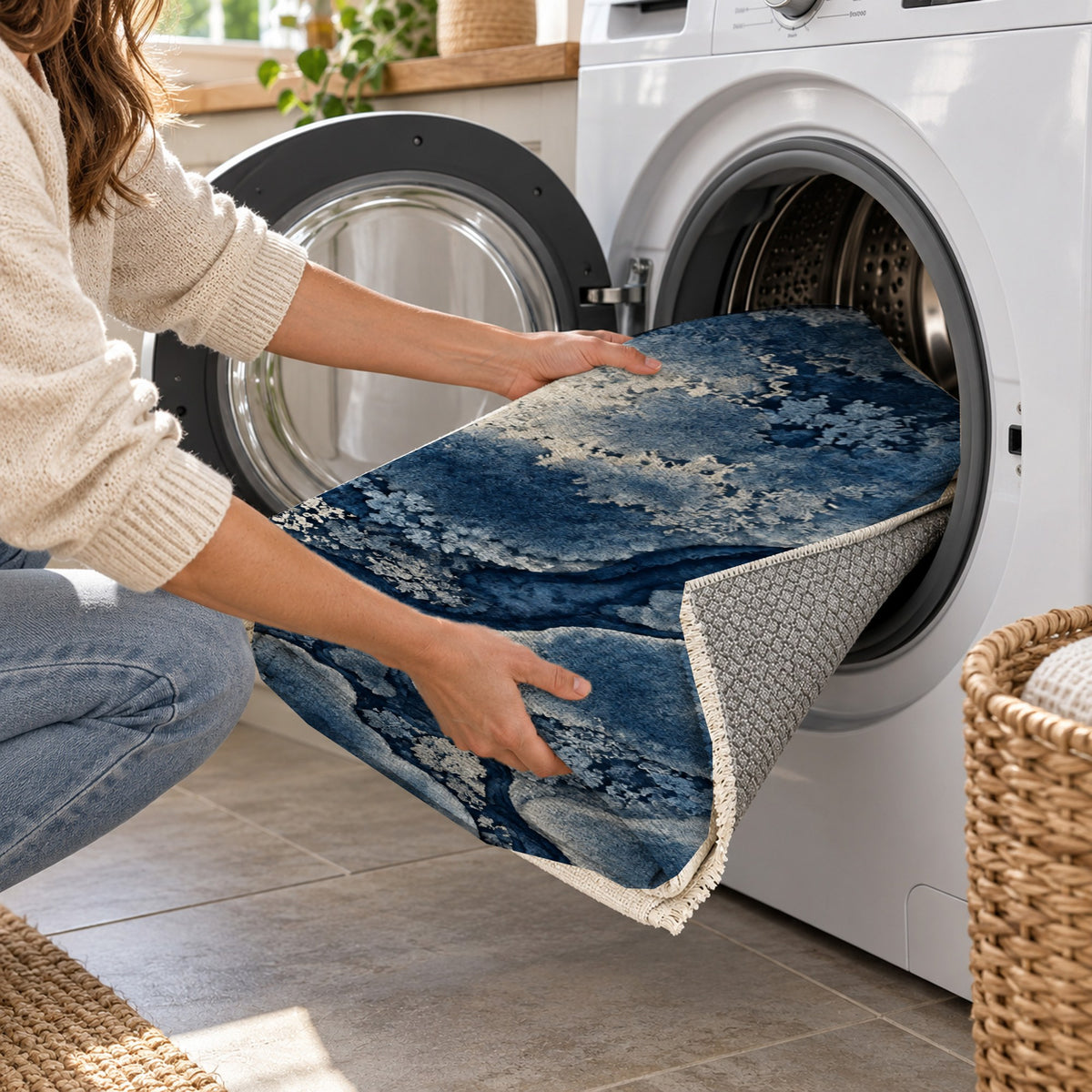 Moss Islands Indigo Floral Washable Rug — washing machine