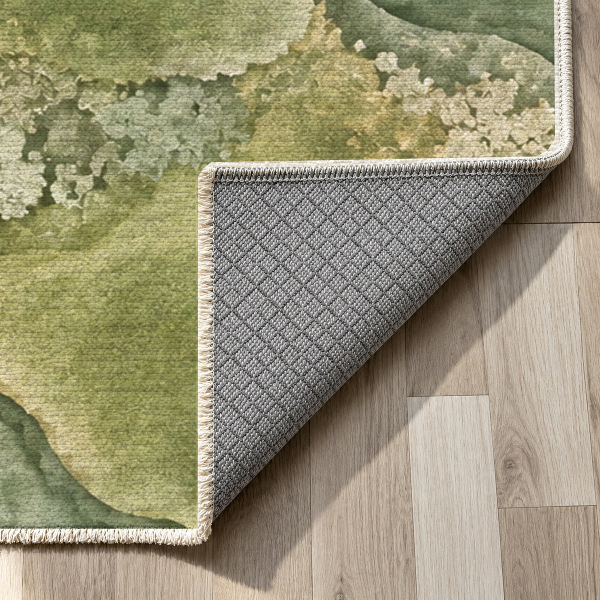 Moss Islands Sage Floral Washable Rug — backing close up