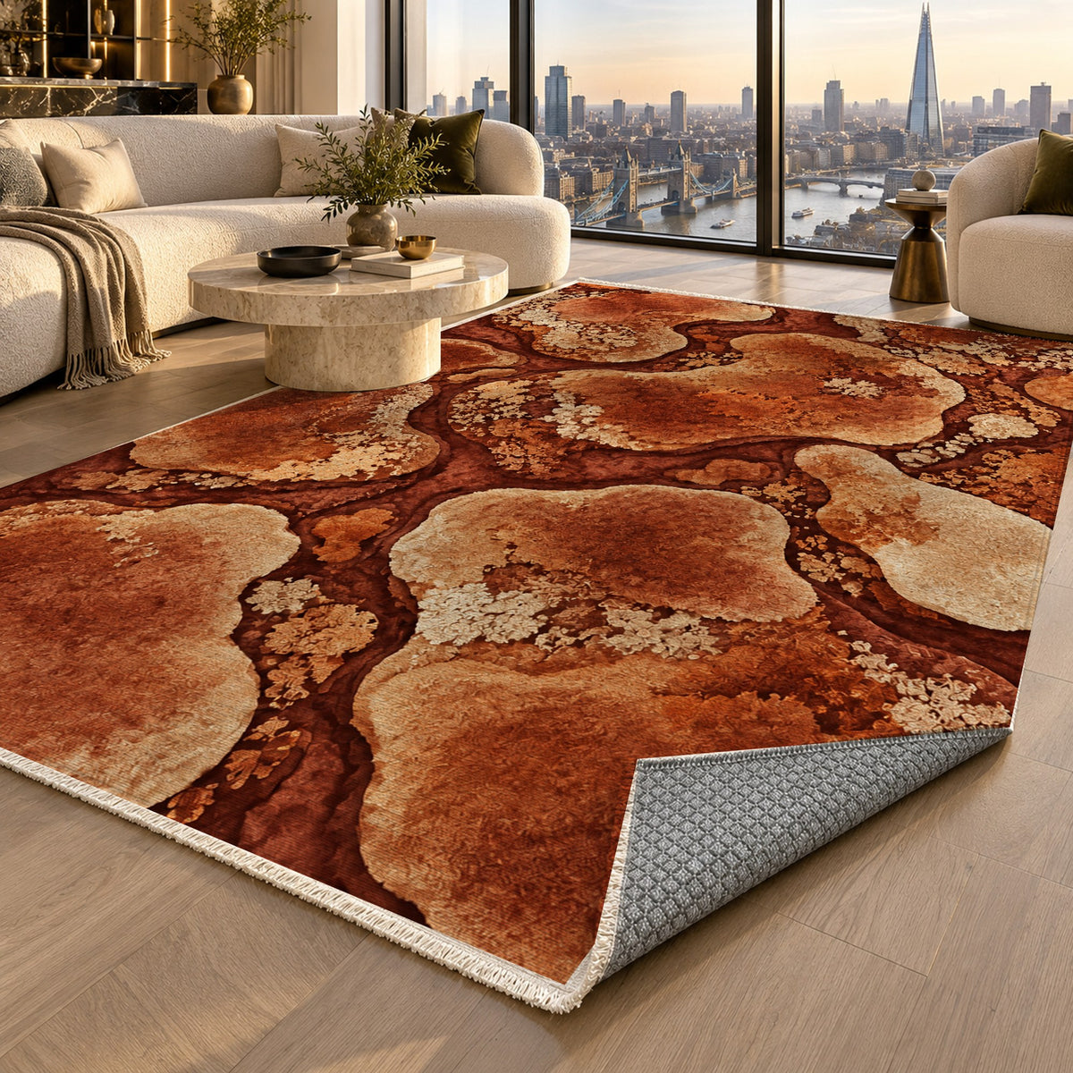Moss Islands Terracotta Floral Washable Rug — london luxury living
