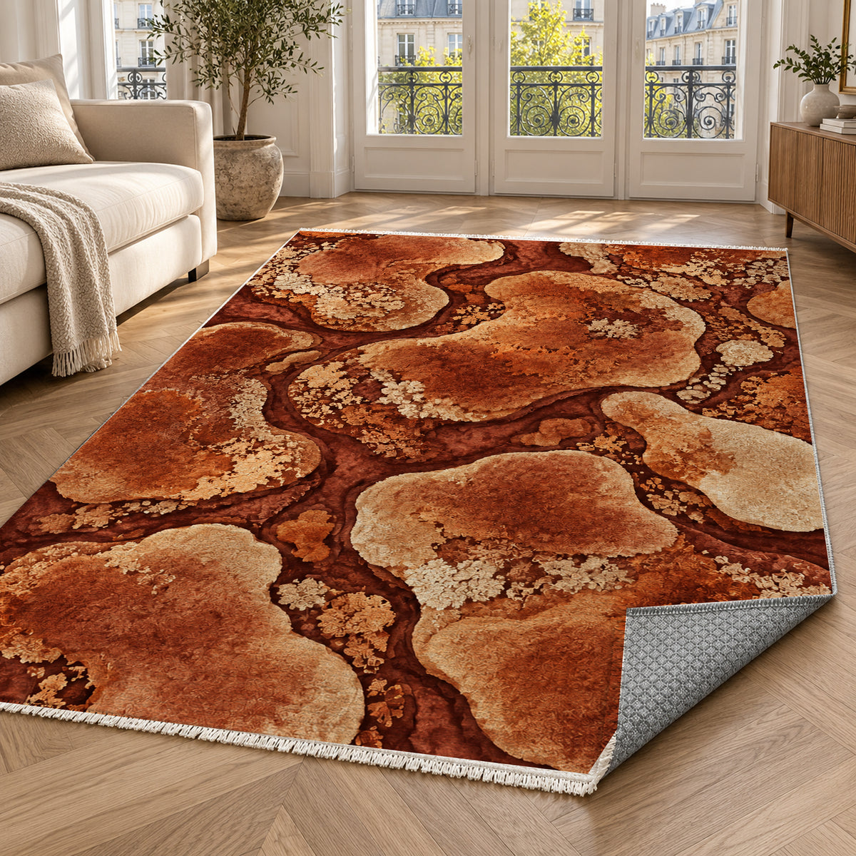 Moss Islands Terracotta Floral Washable Rug — paris living