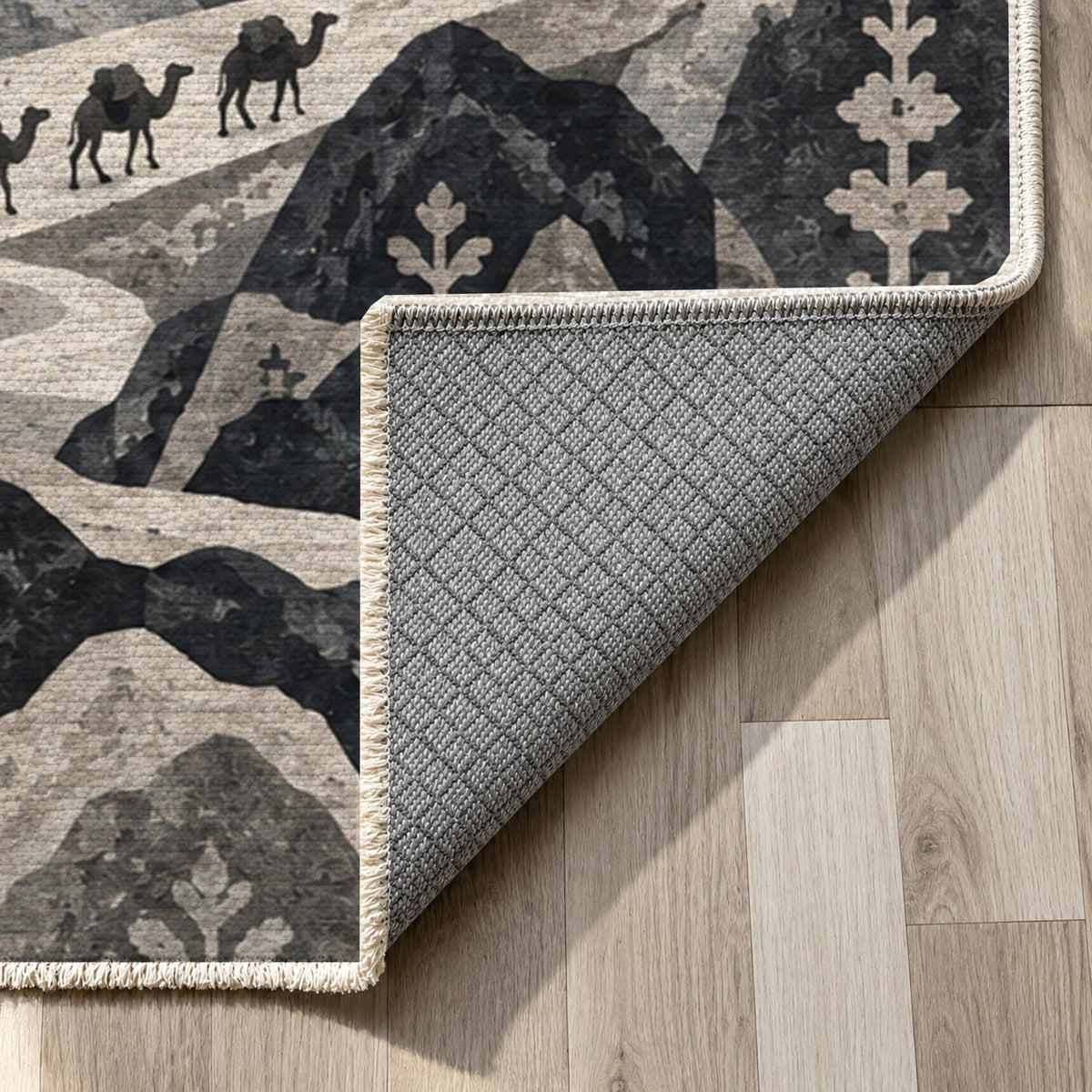 Mountain Passage Charcoal Ethnic Washable Rug — backing close up