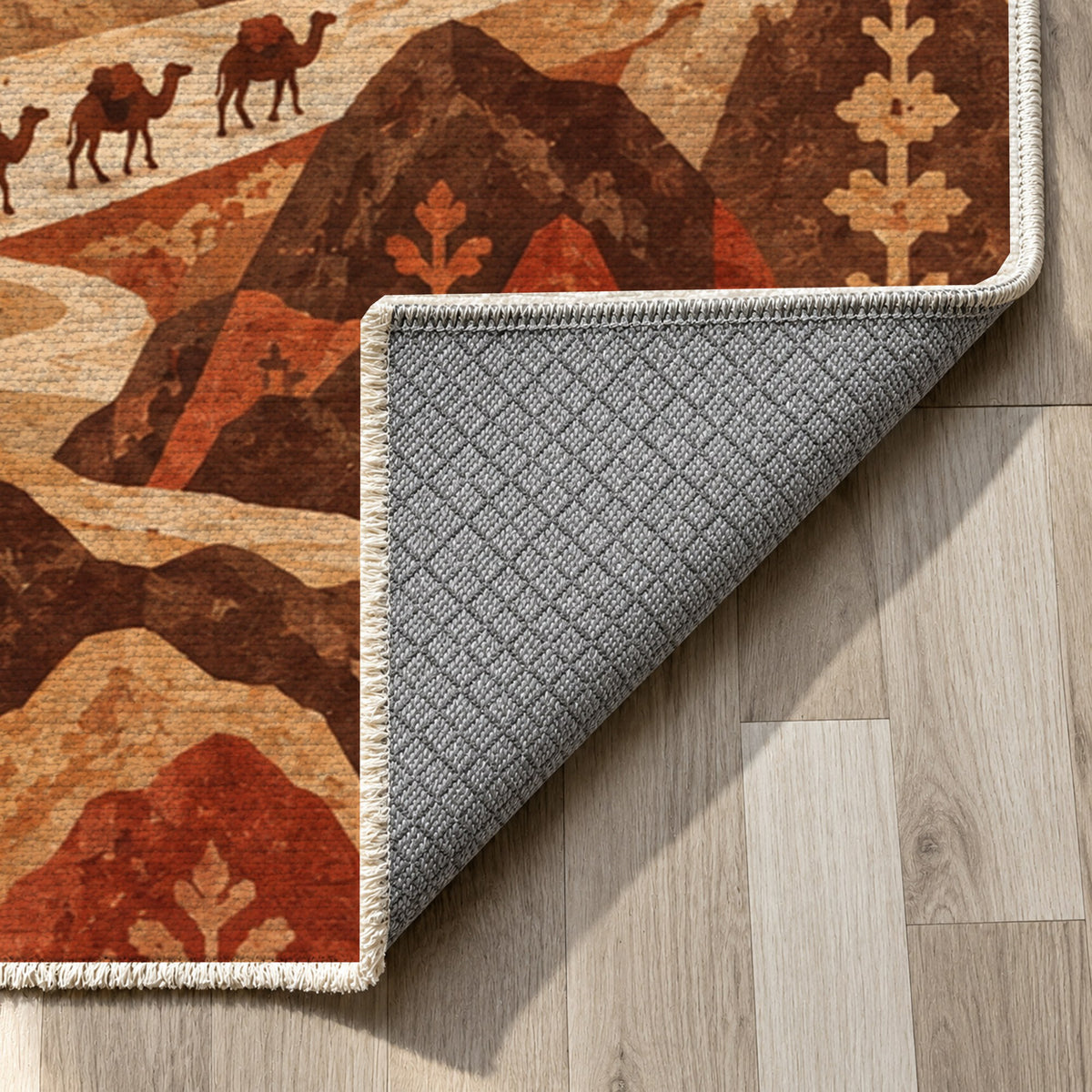 Mountain Passage Terracotta Ethnic Washable Rug — backing close up