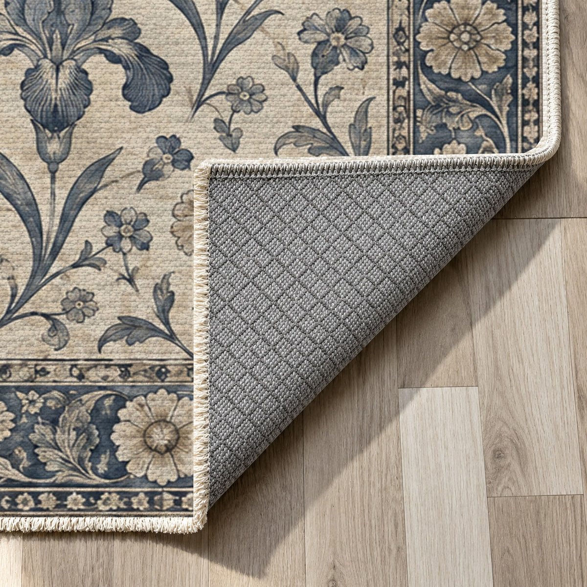 Mughal Blooms Blue Ivory Classic Washable Rug — backing close up