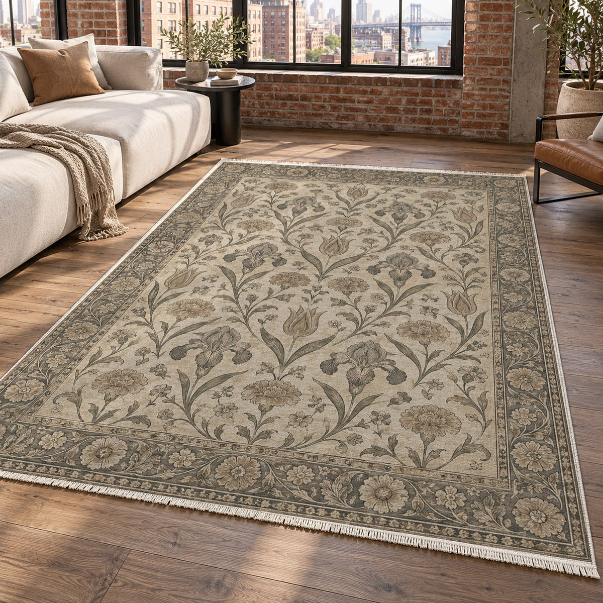 Mughal Blooms Ivory Taupe Classic Washable Rug — new york living
