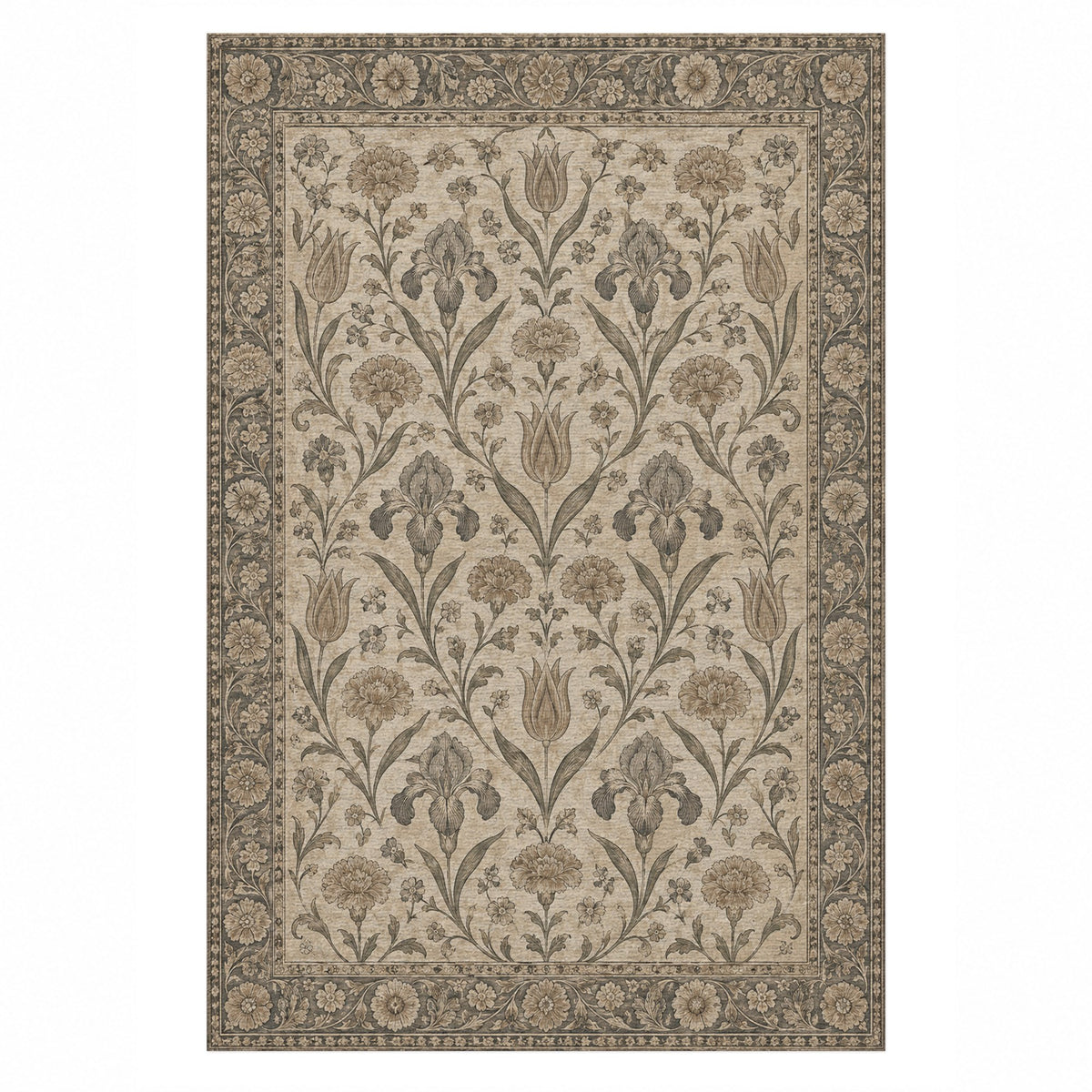 Mughal Blooms Ivory Taupe Classic Washable Rug — top view