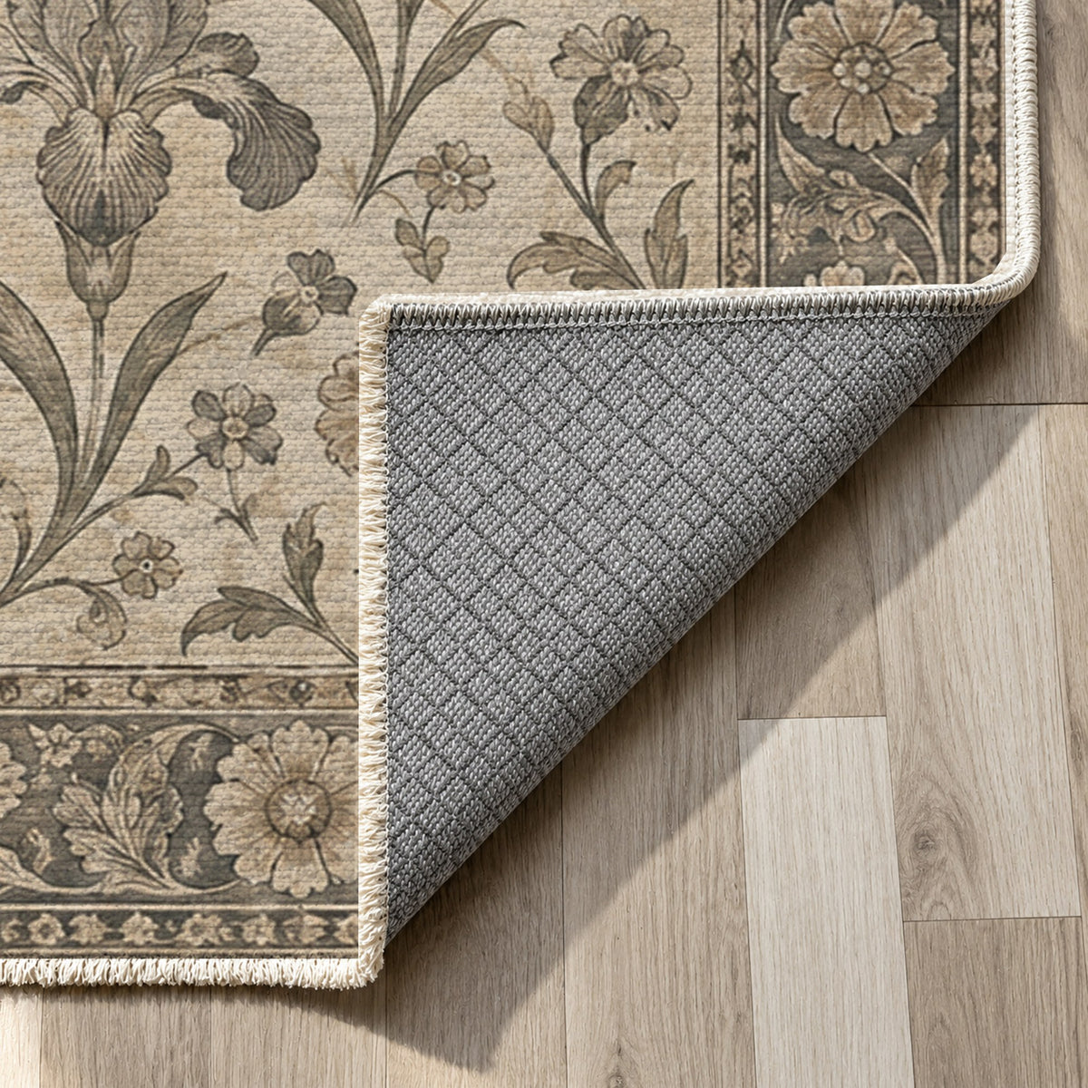 Mughal Blooms Ivory Taupe Classic Washable Rug — backing close up