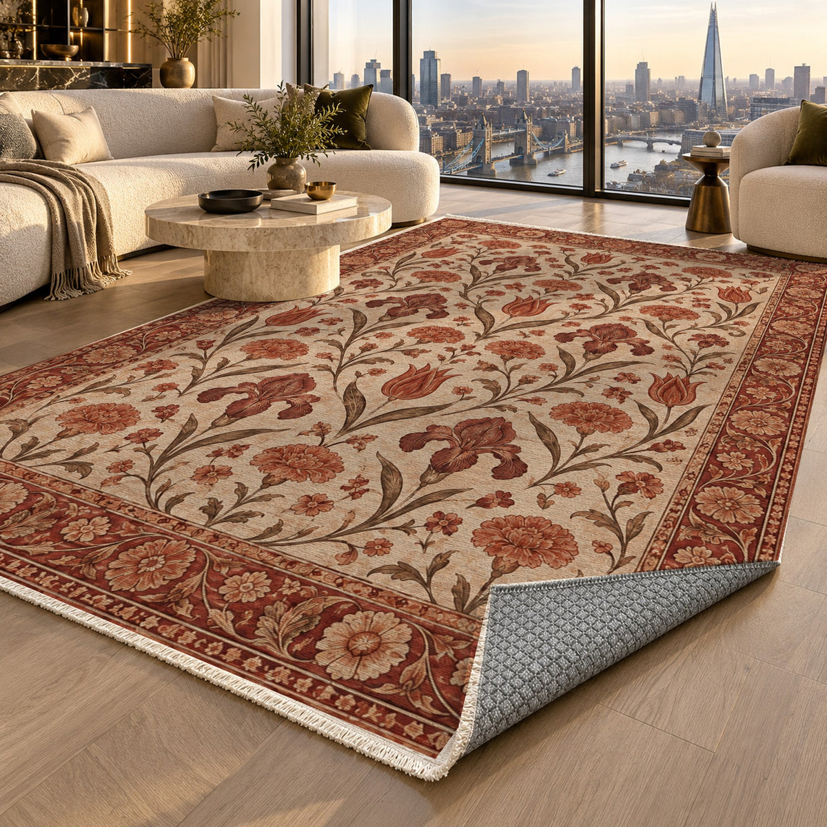 Mughal Blooms Rust Sand Classic Washable Rug — london luxury living
