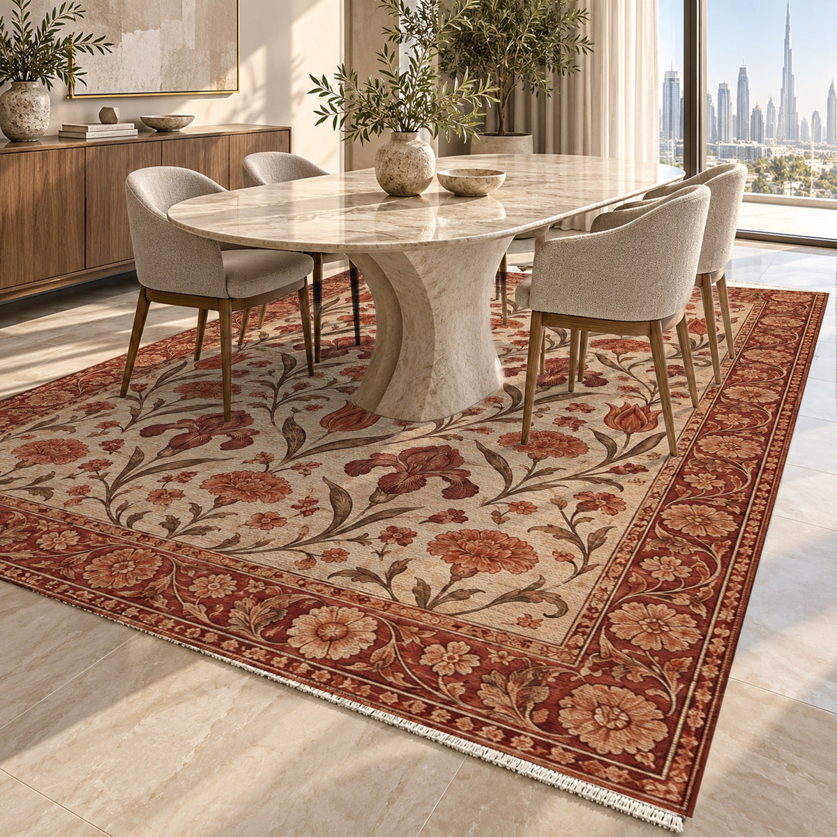 Mughal Blooms Rust Sand Classic Washable Rug — dubai dining