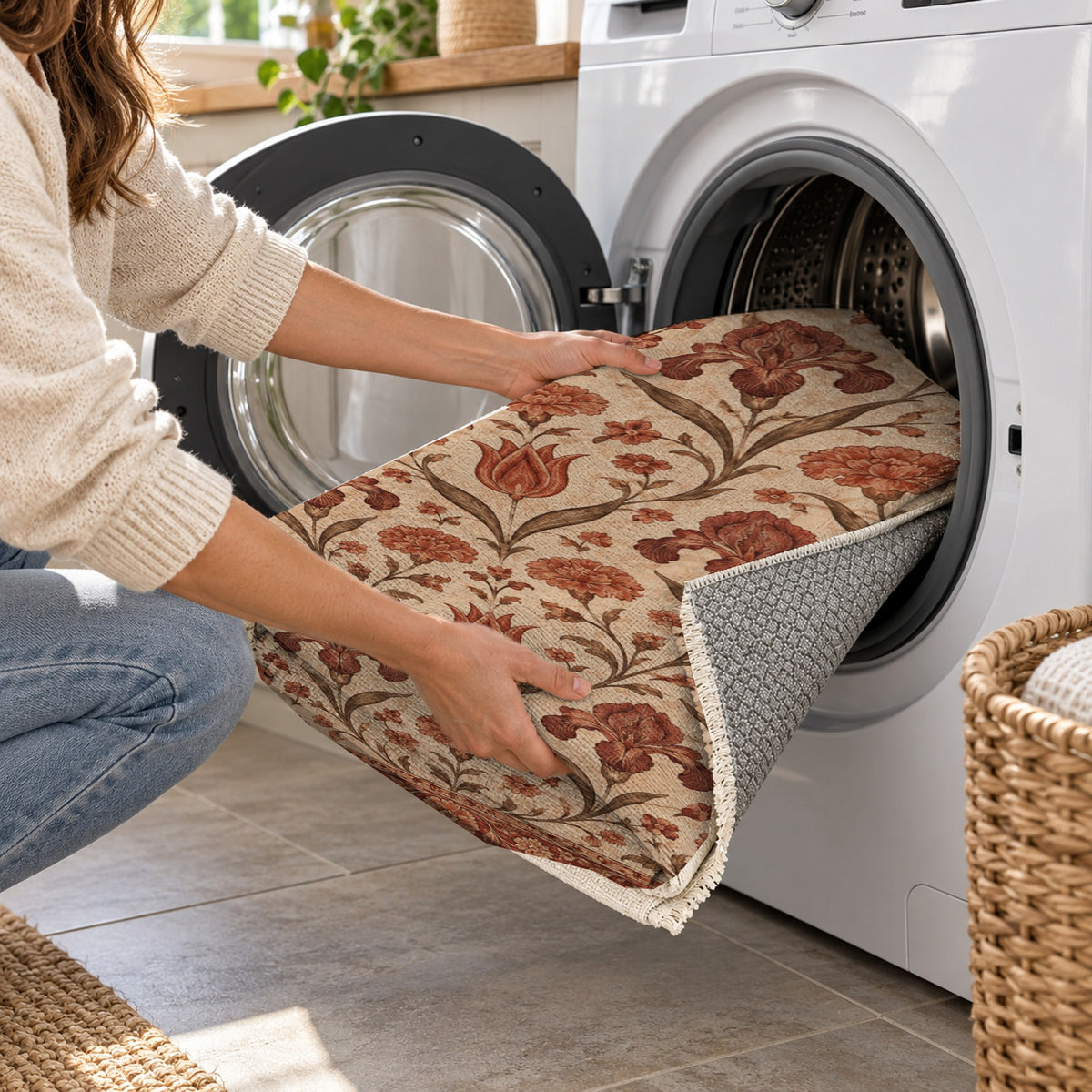 Mughal Blooms Rust Sand Classic Washable Rug — washing machine
