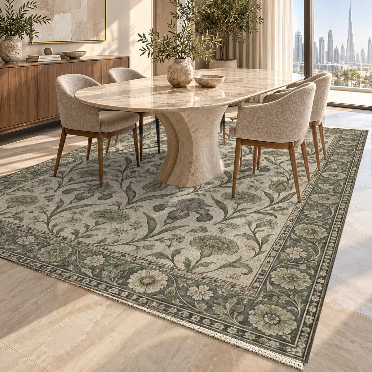 Mughal Blooms Sage Stone Classic Washable Rug — dubai dining
