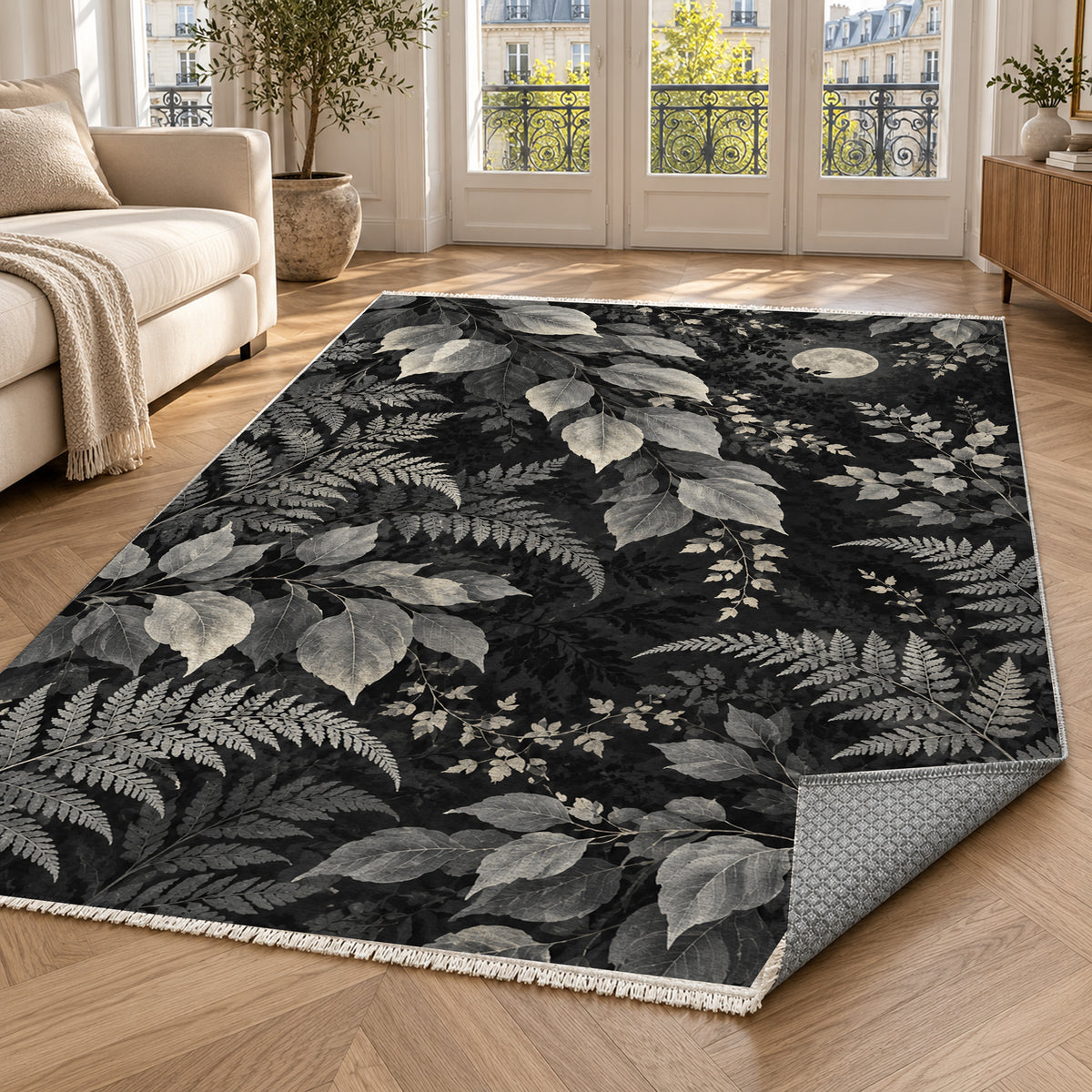 Night Forest Charcoal Floral Washable Rug — paris living