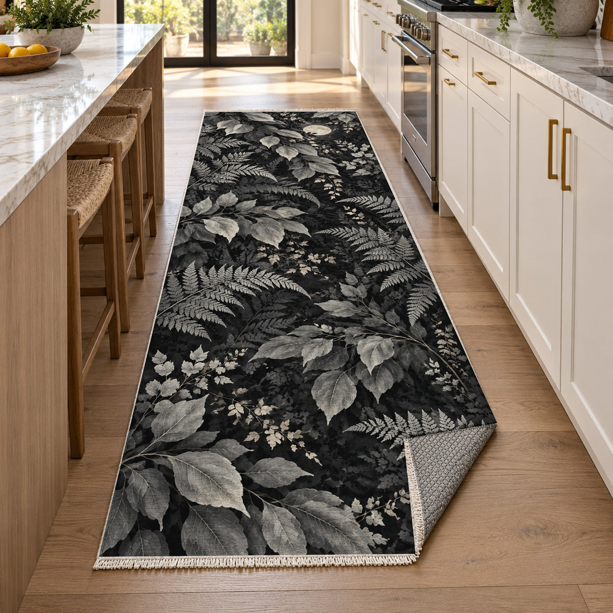 Night Forest Charcoal Floral Washable Rug — new york kitchen runner