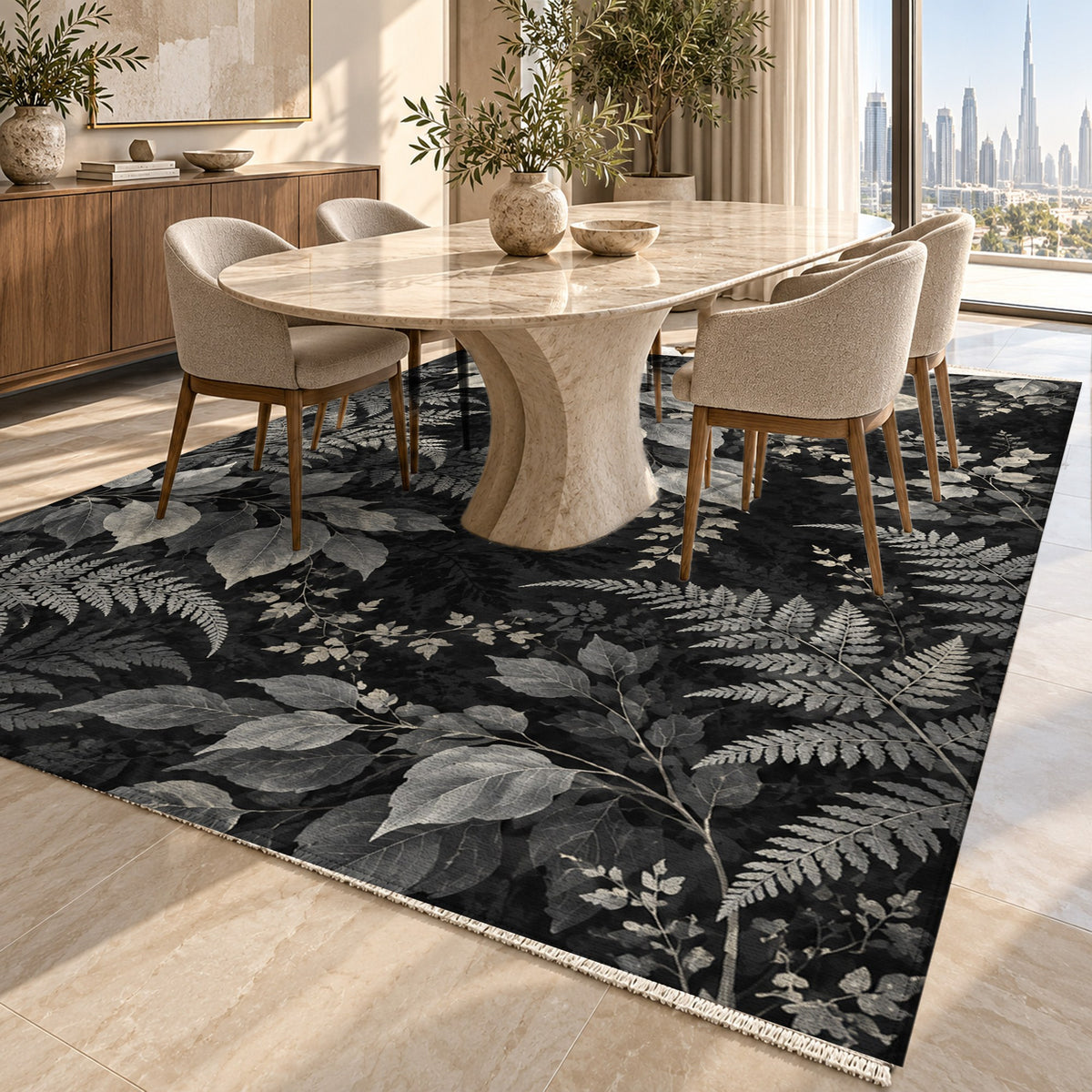 Night Forest Charcoal Floral Washable Rug — dubai dining