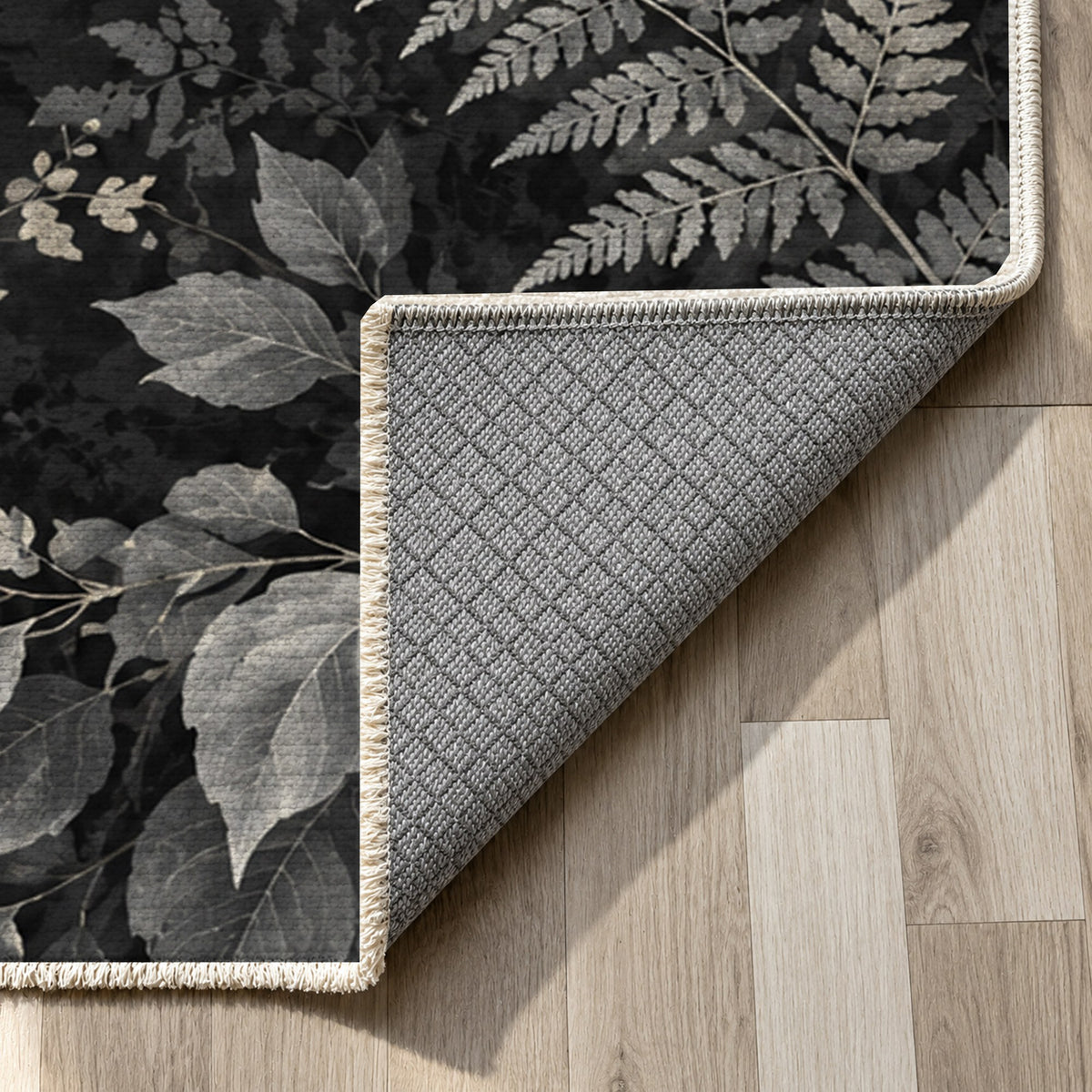 Night Forest Charcoal Floral Washable Rug — backing close up