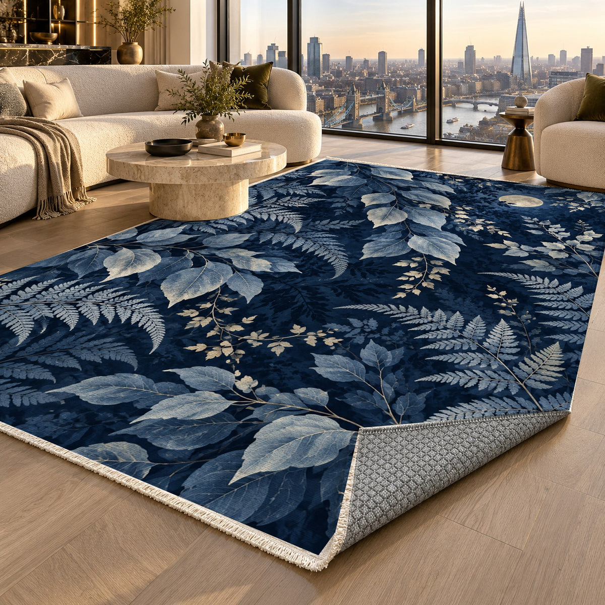 Night Forest Indigo Floral Washable Rug — london luxury living