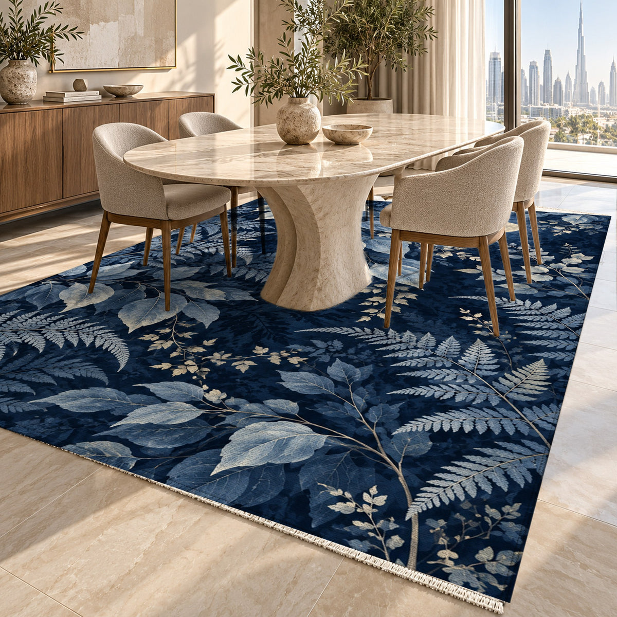 Night Forest Indigo Floral Washable Rug — dubai dining