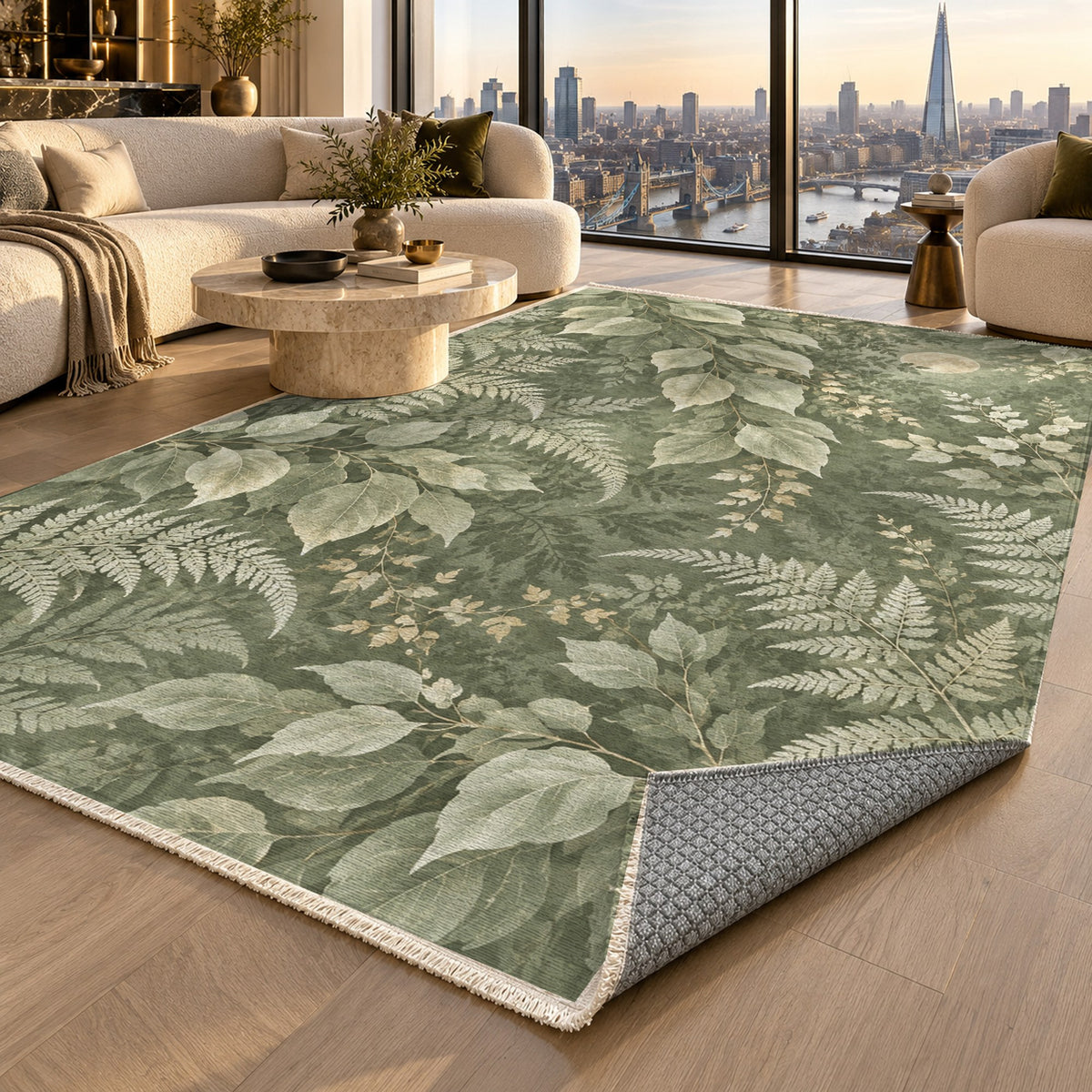 Night Forest Sage Floral Washable Rug — london luxury living