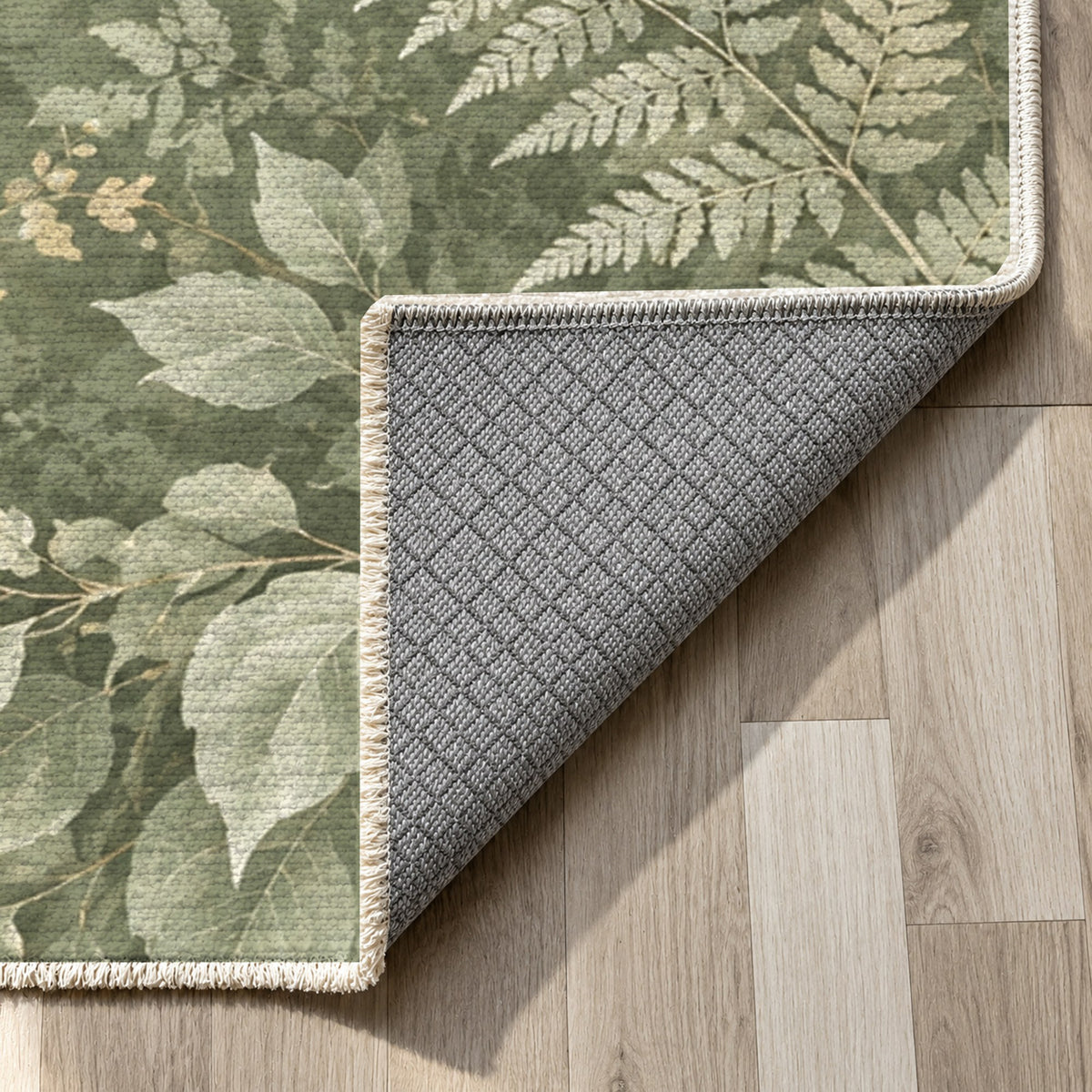 Night Forest Sage Floral Washable Rug — backing close up