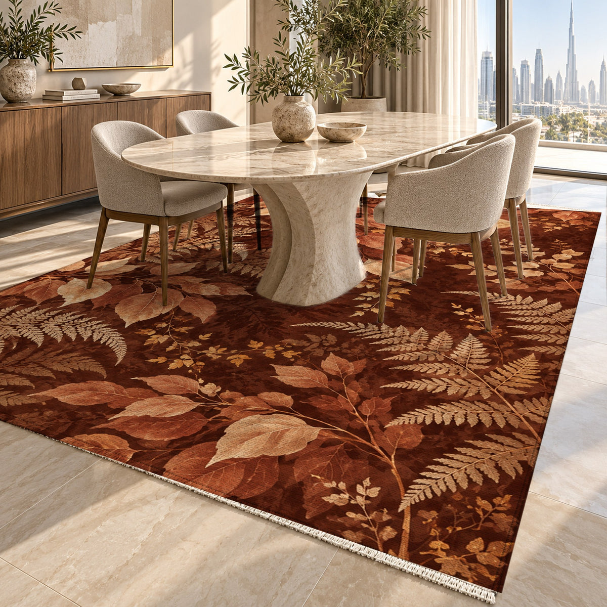 Night Forest Terracotta Floral Washable Rug — dubai dining