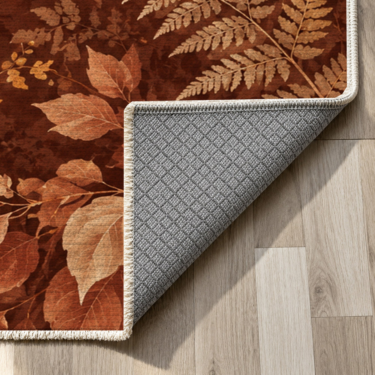 Night Forest Terracotta Floral Washable Rug — backing close up