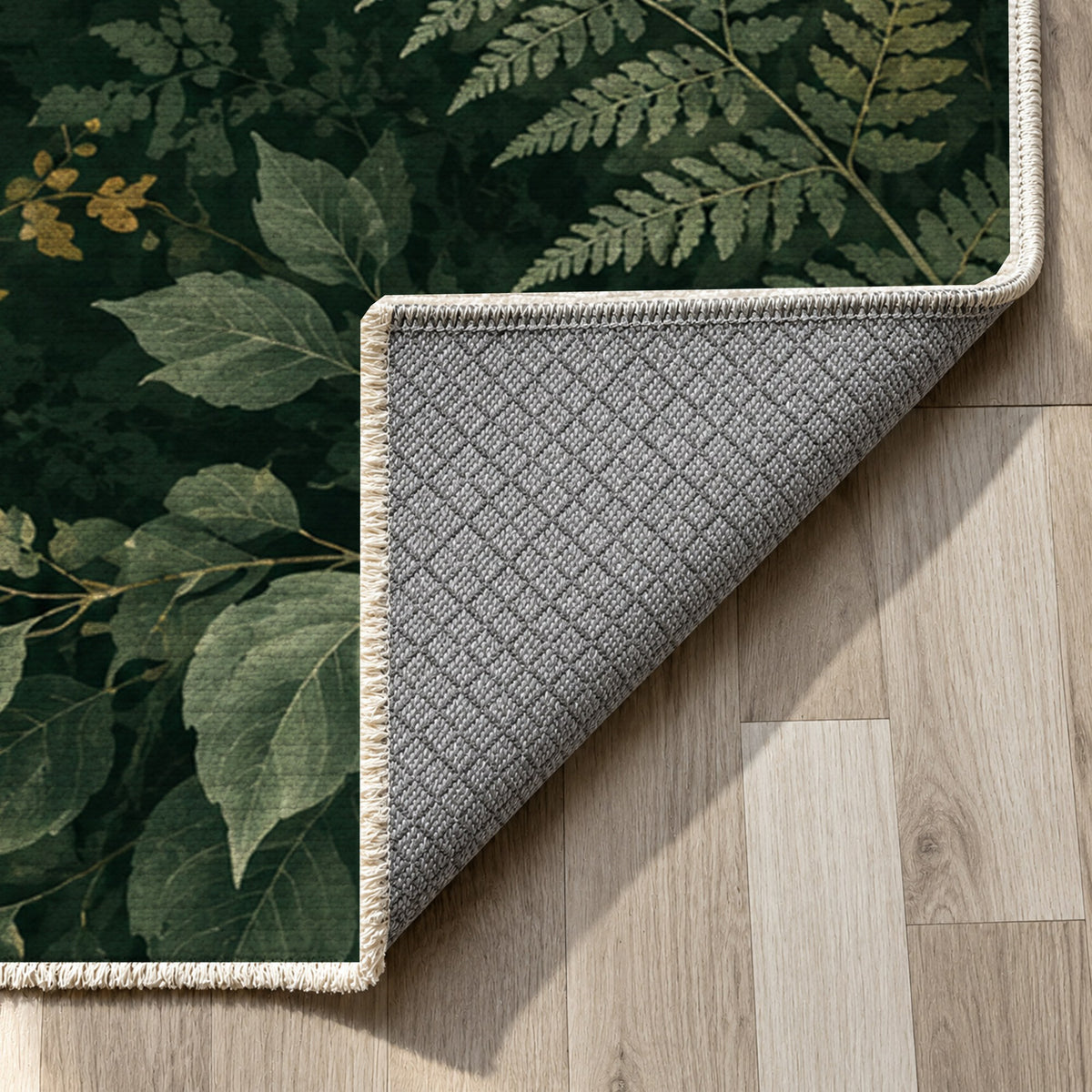 Night Forest Floral Washable Rug — backing close up