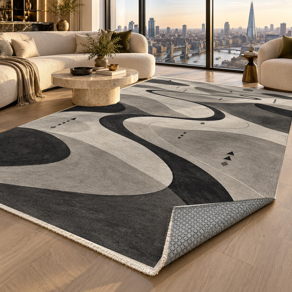Nomad Paths Charcoal Modern Washable Rug — london luxury living
