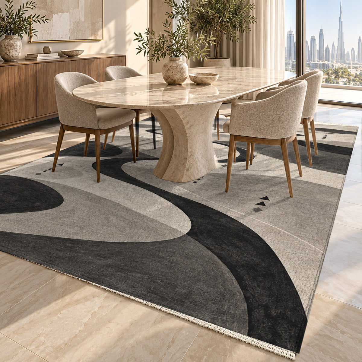 Nomad Paths Charcoal Modern Washable Rug — dubai dining