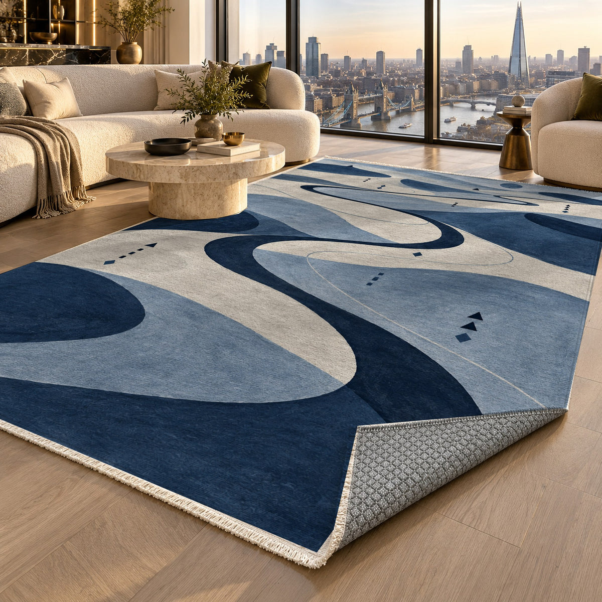 Nomad Paths Indigo Modern Washable Rug — london luxury living