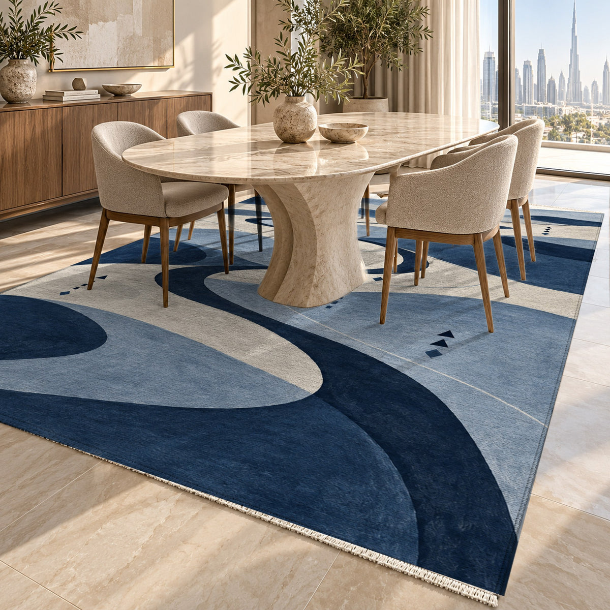 Nomad Paths Indigo Modern Washable Rug — dubai dining