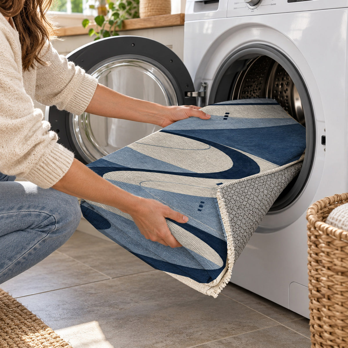 Nomad Paths Indigo Modern Washable Rug — washing machine